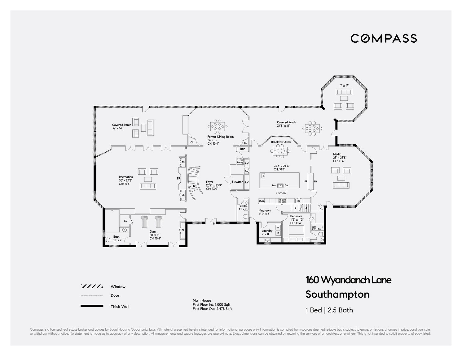This image is a detailed architectural floor plan for the first floor of a residence located at 160 Wyandanch Lane in Southampton. The layout features an expansive open-concept living area, a formal dining room, a kitchen with a breakfast area, a gym, a recreation room, and multiple covered porches. The plan also highlights functional spaces such as a laundry room, mudroom, elevator, and several bathrooms, providing a comprehensive overview of the home's spatial organization.