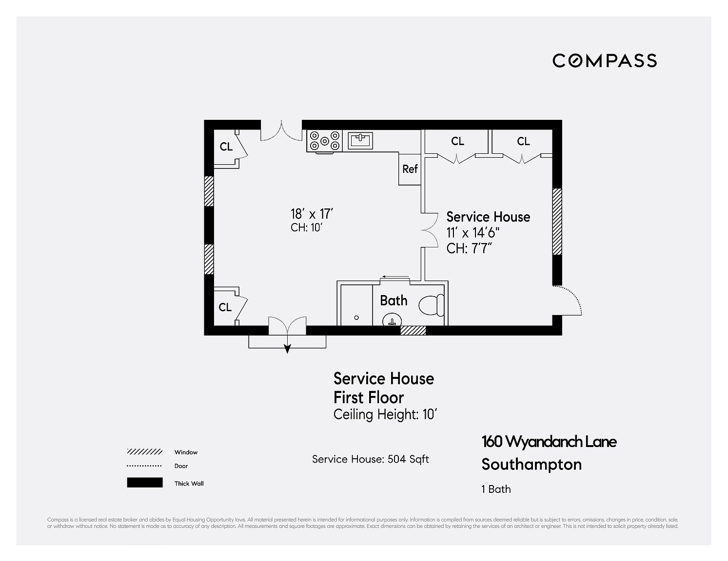 This image is a detailed floor plan for a service house located at 160 Wyandanch Lane in Southampton. The layout illustrates a main living area measuring 18' by 17' with a 10' ceiling, a separate service room measuring 11' by 14'6", a bathroom, and multiple closets. The diagram includes architectural symbols for doors, windows, and thick walls, providing a clear overview of the property's spatial configuration.