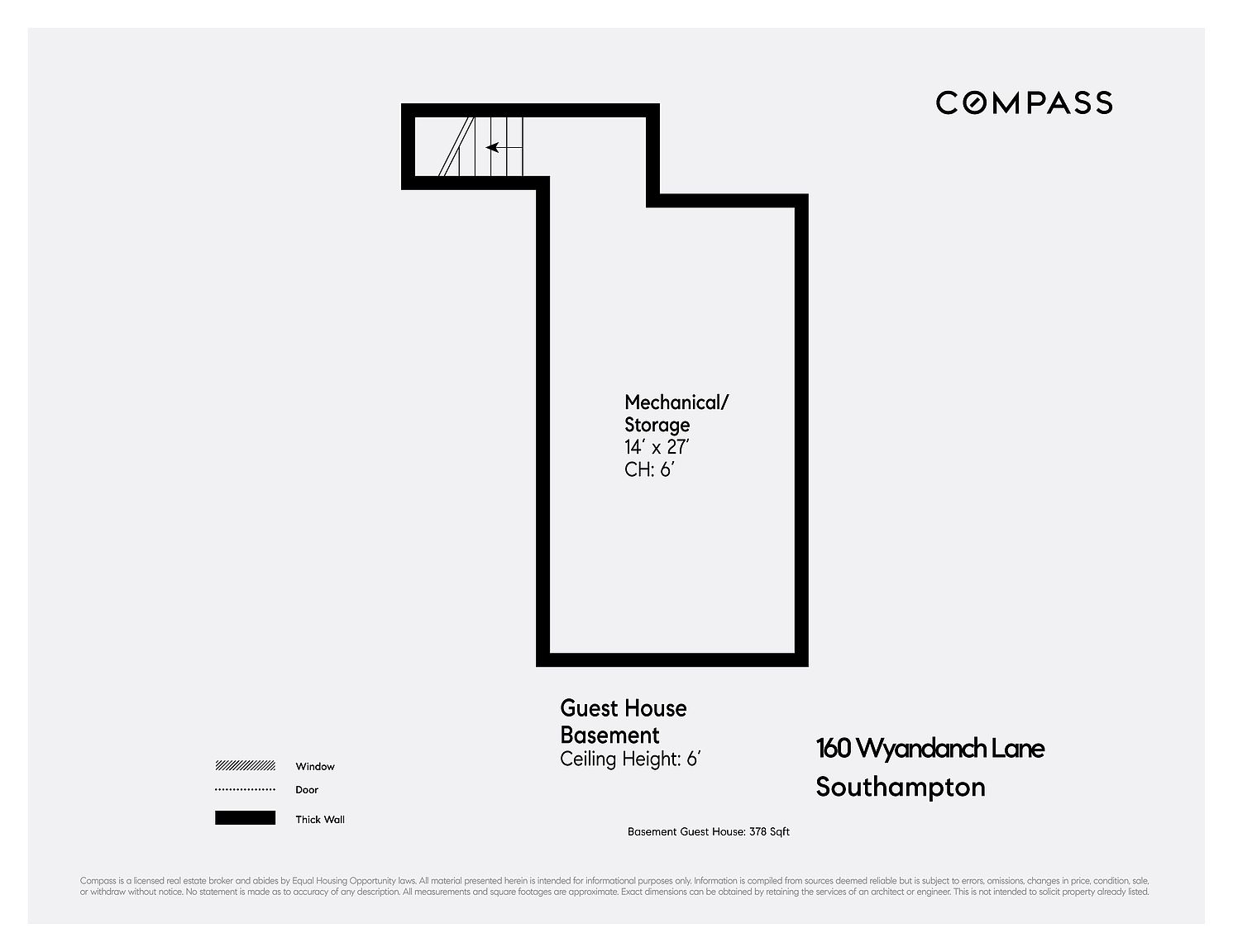 This image is a floor plan diagram for a basement level of a guest house. It illustrates a rectangular mechanical and storage area measuring 14 feet by 27 feet, with a designated staircase area at the top. The layout is simple and functional, providing a clear overview of the space's dimensions and structural configuration.