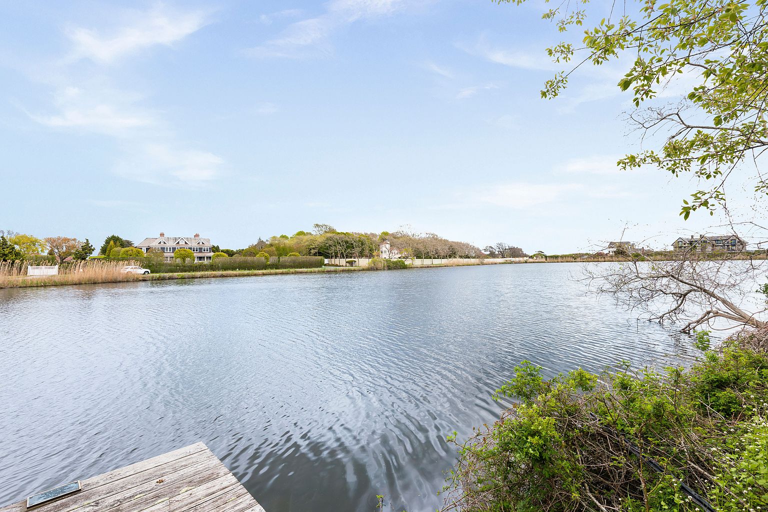 This serene waterfront view captures a calm pond bordered by lush greenery and distant residential homes. In the foreground, a weathered wooden dock extends into the water, providing a natural vantage point for the tranquil landscape. The scene is framed by overhanging tree branches on the right, creating a peaceful and picturesque setting ideal for outdoor relaxation.