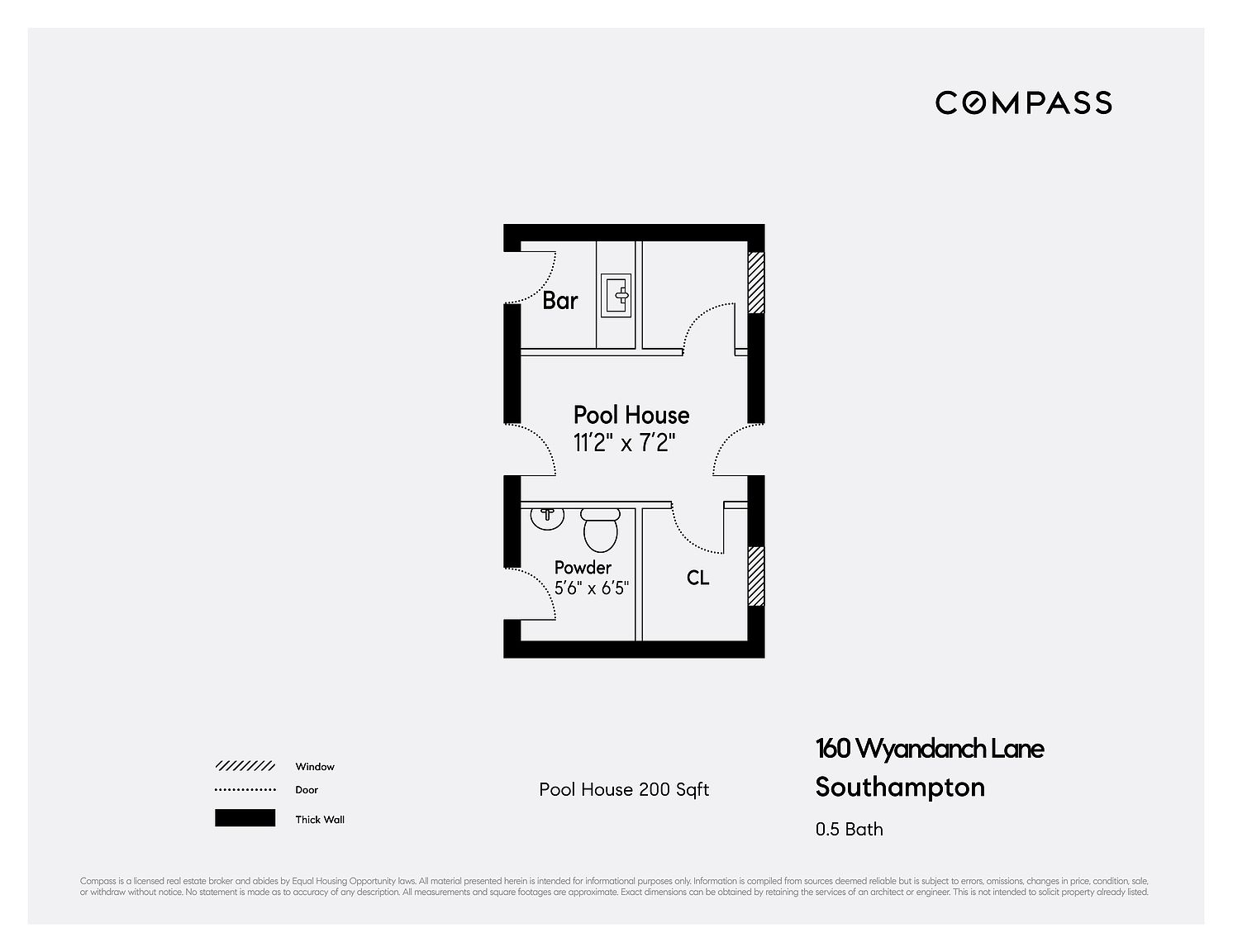 This image is a professional floor plan for a pool house located at 160 Wyandanch Lane in Southampton. The layout illustrates a central pool house area, a dedicated bar space, a powder room, and a closet. The diagram provides clear spatial dimensions and architectural details, including door and window placements.