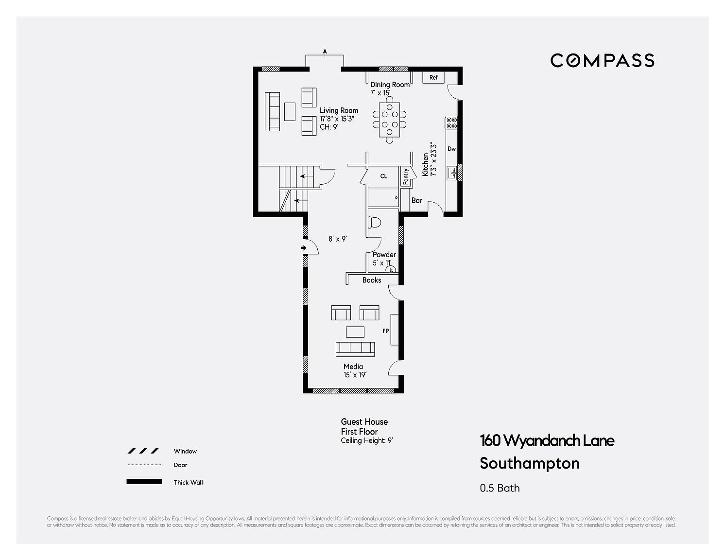 This image is a detailed floor plan for the first floor of a guest house located at 160 Wyandanch Lane in Southampton. The layout features a living room, dining room, kitchen, media room, and a powder room, all connected by a central hallway with stairs. The diagram provides specific room dimensions and indicates the locations of doors, windows, and structural walls.