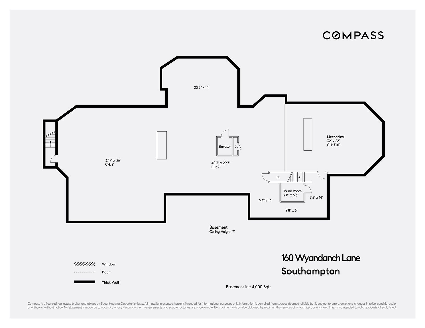 This image is a detailed architectural floor plan for the basement level of a property located at 160 Wyandanch Lane in Southampton. The layout illustrates a large open-concept space, a dedicated mechanical room, a wine room, an elevator, and a staircase. The diagram provides specific dimensions for each area and notes a ceiling height of 7 feet throughout the level.