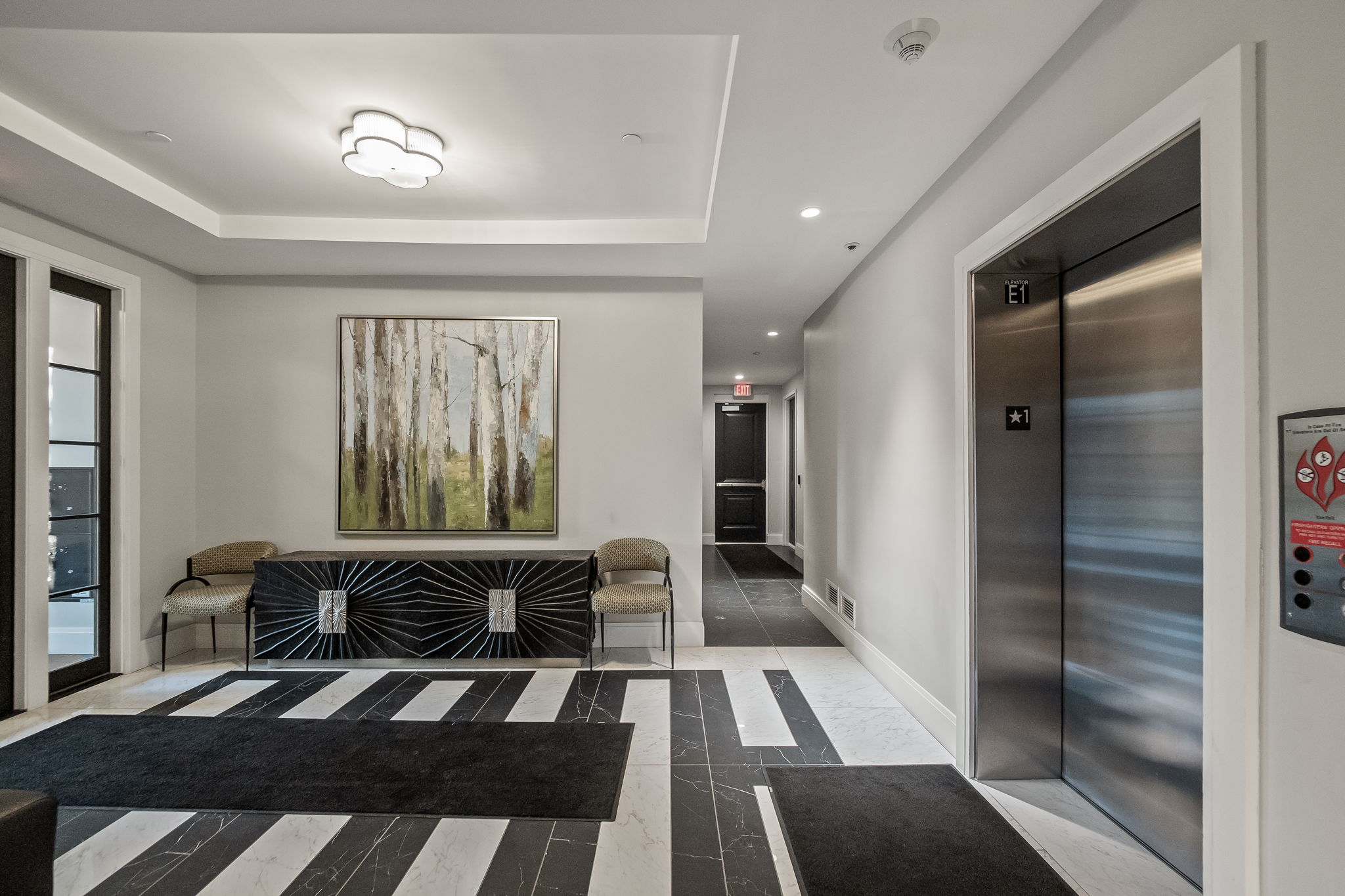 This is an interior shot of a modern hallway featuring a striking black and white marble floor design. The hallway is decorated with a large painting and a stylish console table, flanked by two chairs. An elevator is visible on the right, and a doorway leads further into the building, creating a sense of depth and sophistication.