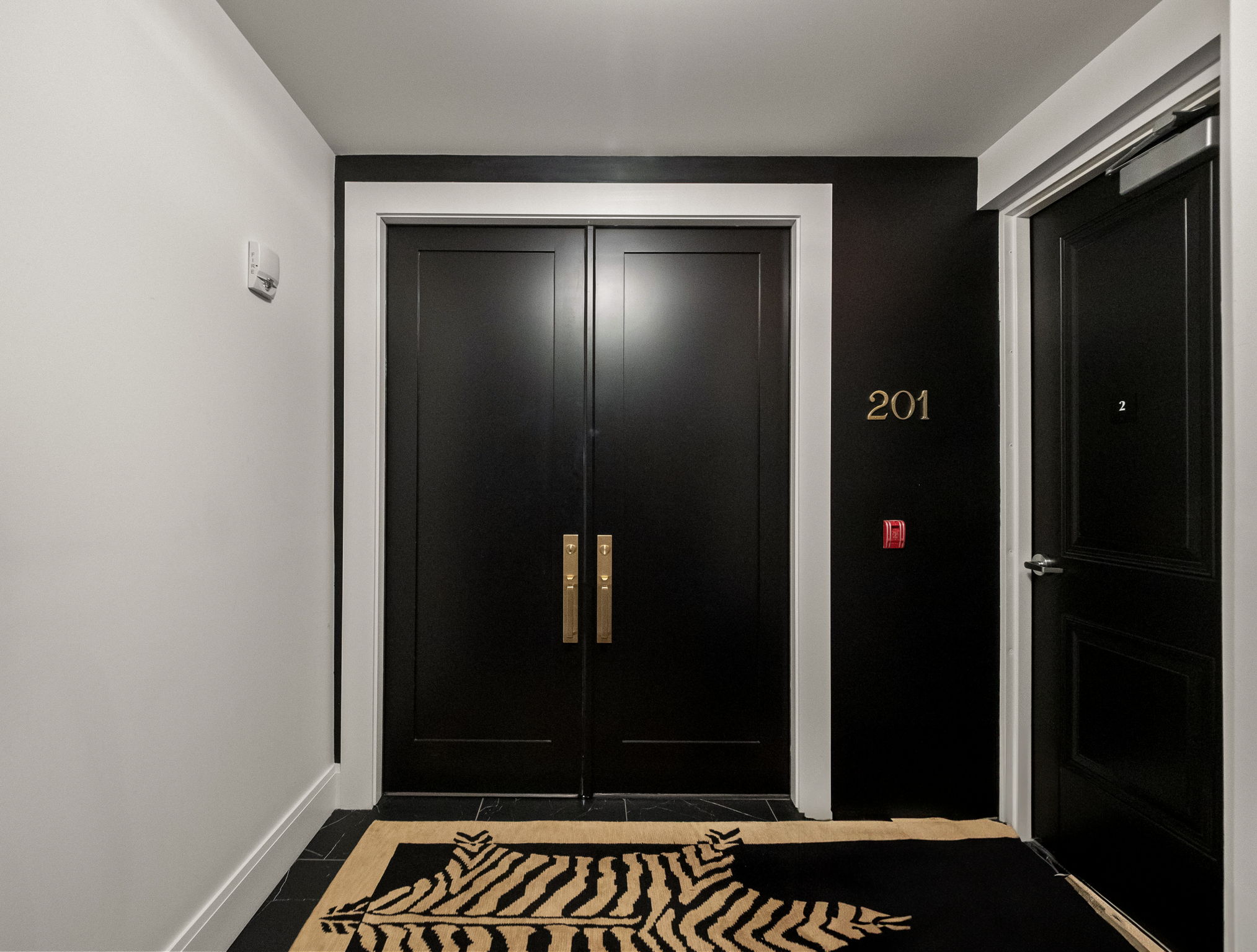 This image showcases a modern hallway with a striking black and white color scheme. The focal point is a set of double black doors, possibly leading to an apartment or suite, with gold hardware and the number '201' displayed on the adjacent black wall. A zebra-patterned rug adds a touch of luxury and visual interest to the space.