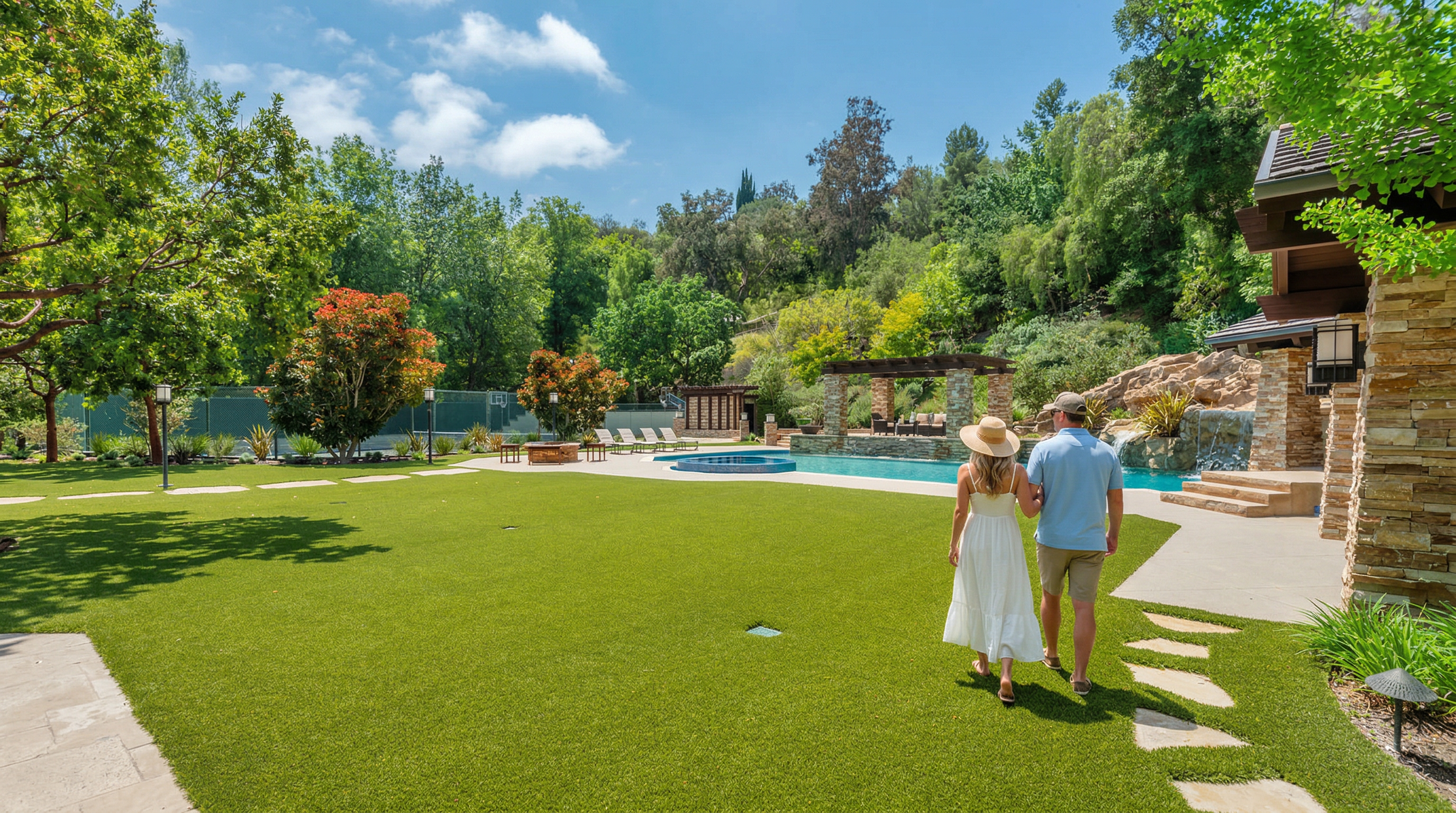 This expansive backyard features a pristine swimming pool with a natural rock waterfall feature and an adjacent spa. A large, manicured artificial turf lawn provides a clean, open space for recreation, while a covered pergola offers a shaded lounge area. The property is surrounded by lush, mature trees and hillside landscaping, creating a private and serene resort-like atmosphere.