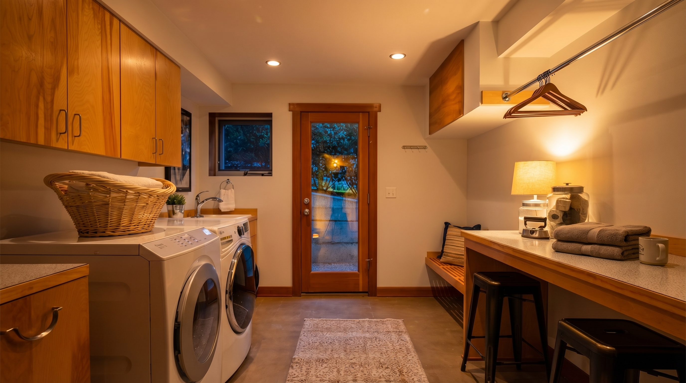 This functional and well-organized laundry room features a modern washer and dryer set paired with a convenient utility sink and ample wooden cabinetry. A long built-in counter with stools provides a versatile workspace, while a glass-paneled door allows natural light to brighten the space. The room is finished with a neutral rug and clean, contemporary lines, creating a practical yet inviting atmosphere.