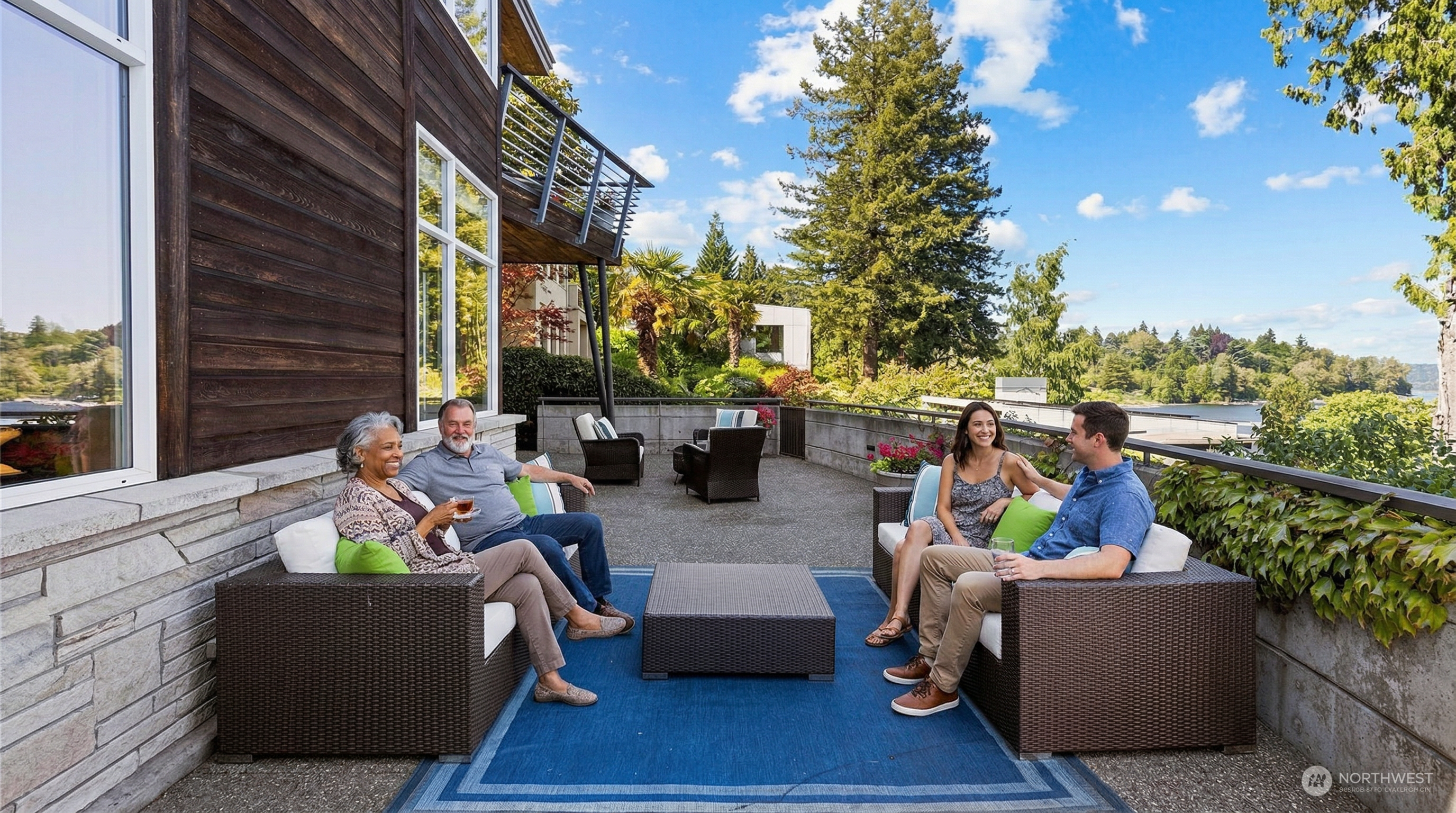 This expansive outdoor terrace features a modern, multi-level design with dark wood siding and stone accents, overlooking a scenic waterfront. The space is furnished with two comfortable wicker sofas and a central coffee table arranged on a vibrant blue area rug, creating an inviting lounge area. The perspective captures the seamless transition between the home's architecture and the lush, natural landscape, emphasizing a luxurious and serene outdoor living experience.