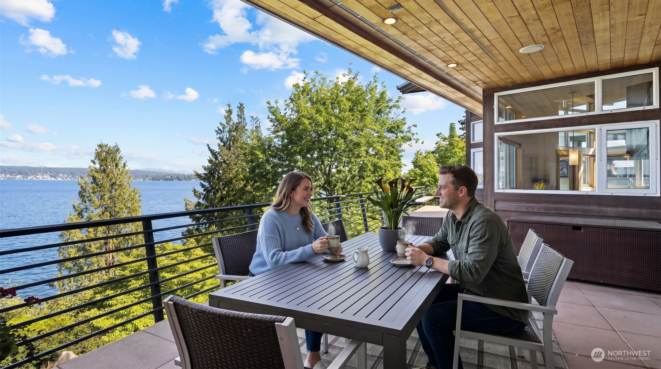 This stunning contemporary balcony features a spacious deck with a dining area, comfortably seating two individuals enjoying coffee with a breathtaking view of the water and surrounding trees. The space is highlighted by a sleek modern design, a deep-stained wood ceiling with recessed lighting, and high-quality outdoor furniture. The serene atmosphere and panoramic waterfront backdrop make this an exceptional outdoor living space.