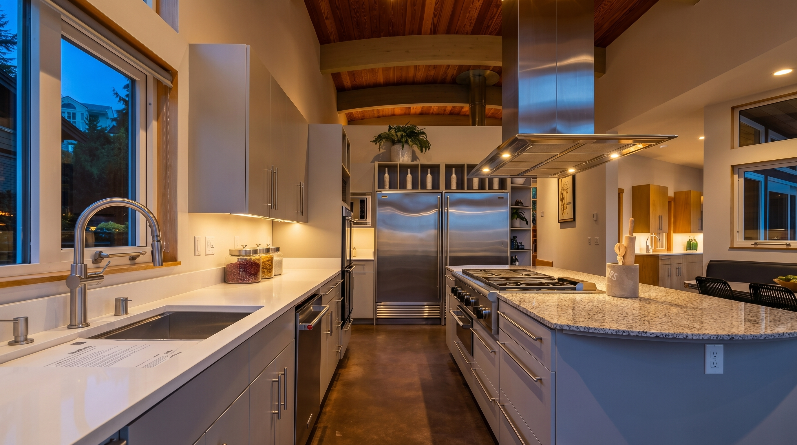 This modern, high-end kitchen features sleek white cabinetry, stainless steel appliances, and a spacious granite-topped island, creating a clean and professional aesthetic. The space is highlighted by a dramatic vaulted wood-paneled ceiling with exposed beams and a large stainless steel range hood. The perspective is a wide-angle shot looking down the galley-style layout, emphasizing the contrast between the polished surfaces and the warm, natural wood elements above.