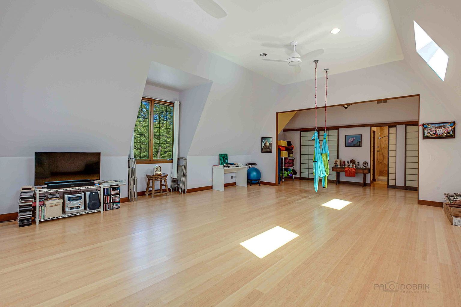 This is a spacious home gym featuring light wood flooring and a high, angled ceiling with a skylight. The room includes a TV, shelving with books and electronics, a desk, a yoga ball, and aerial yoga equipment hanging from the ceiling. Sliding doors lead to another room, possibly a bathroom or closet, creating a versatile and functional space for exercise and wellness.