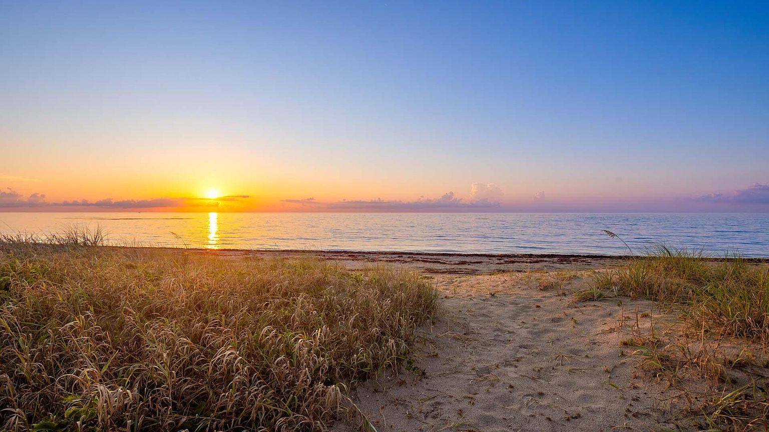 This image showcases a serene beach scene at sunrise or sunset, featuring golden light reflecting on the water. Tall grasses line the sandy path leading to the ocean, creating a natural and inviting atmosphere. The clear sky and calm water evoke a sense of tranquility and relaxation, highlighting the property's proximity to a beautiful natural setting.