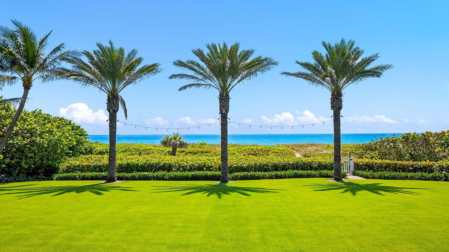 This exterior shot showcases a meticulously maintained yard with lush green grass and mature palm trees lining the horizon. The view extends to a sandy beach and the ocean under a clear blue sky, creating a serene and inviting atmosphere. The landscape is well-manicured, suggesting a private and luxurious outdoor space.