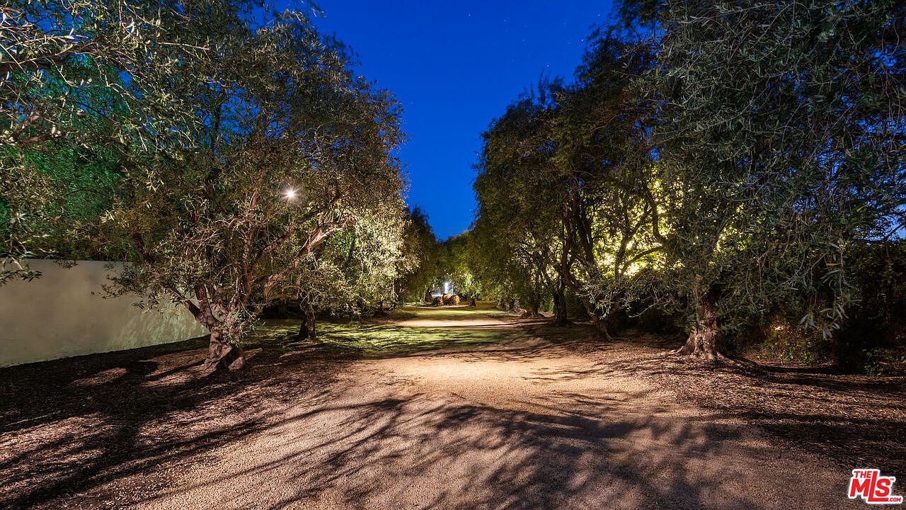 This image showcases a beautifully lit driveway lined with mature trees, creating a grand and inviting entrance. The gravel pathway is illuminated by strategically placed lighting, casting dramatic shadows and highlighting the natural beauty of the surrounding landscape. The scene evokes a sense of tranquility and upscale living, perfect for a luxury real estate listing.