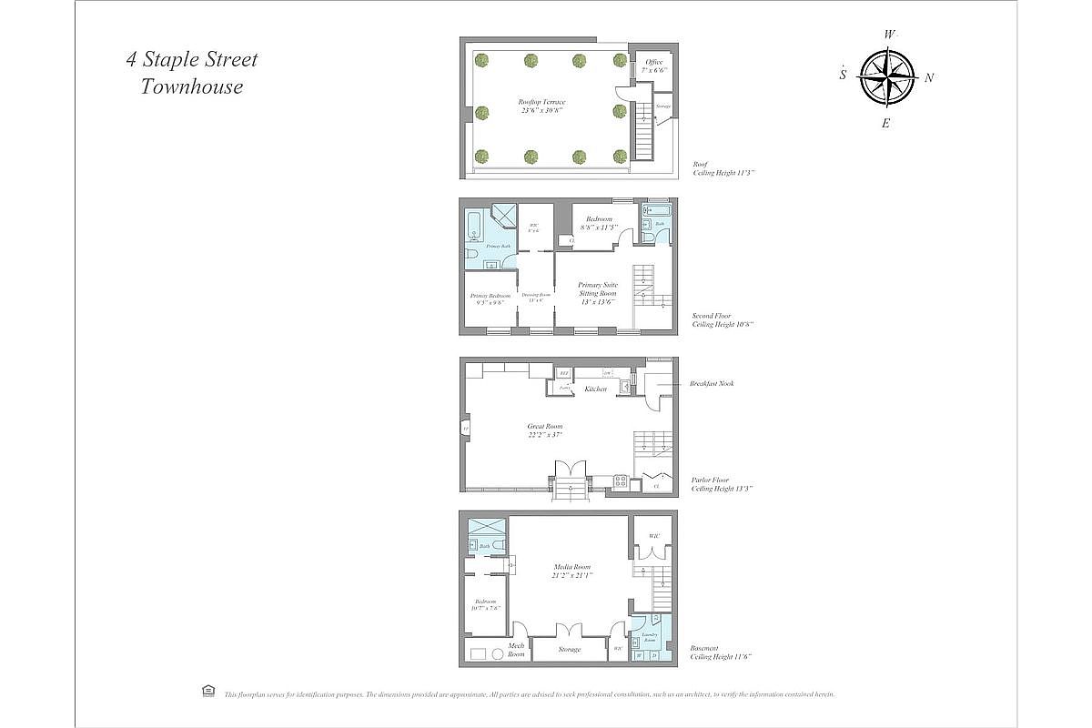 This image is a comprehensive architectural floor plan for a four-story townhouse located at 4 Staple Street. It displays the layout for the basement, parlor floor, second floor, and rooftop terrace, complete with room dimensions and a compass rose for orientation. The clean, technical drawing provides a clear overview of the home's spatial organization and flow.