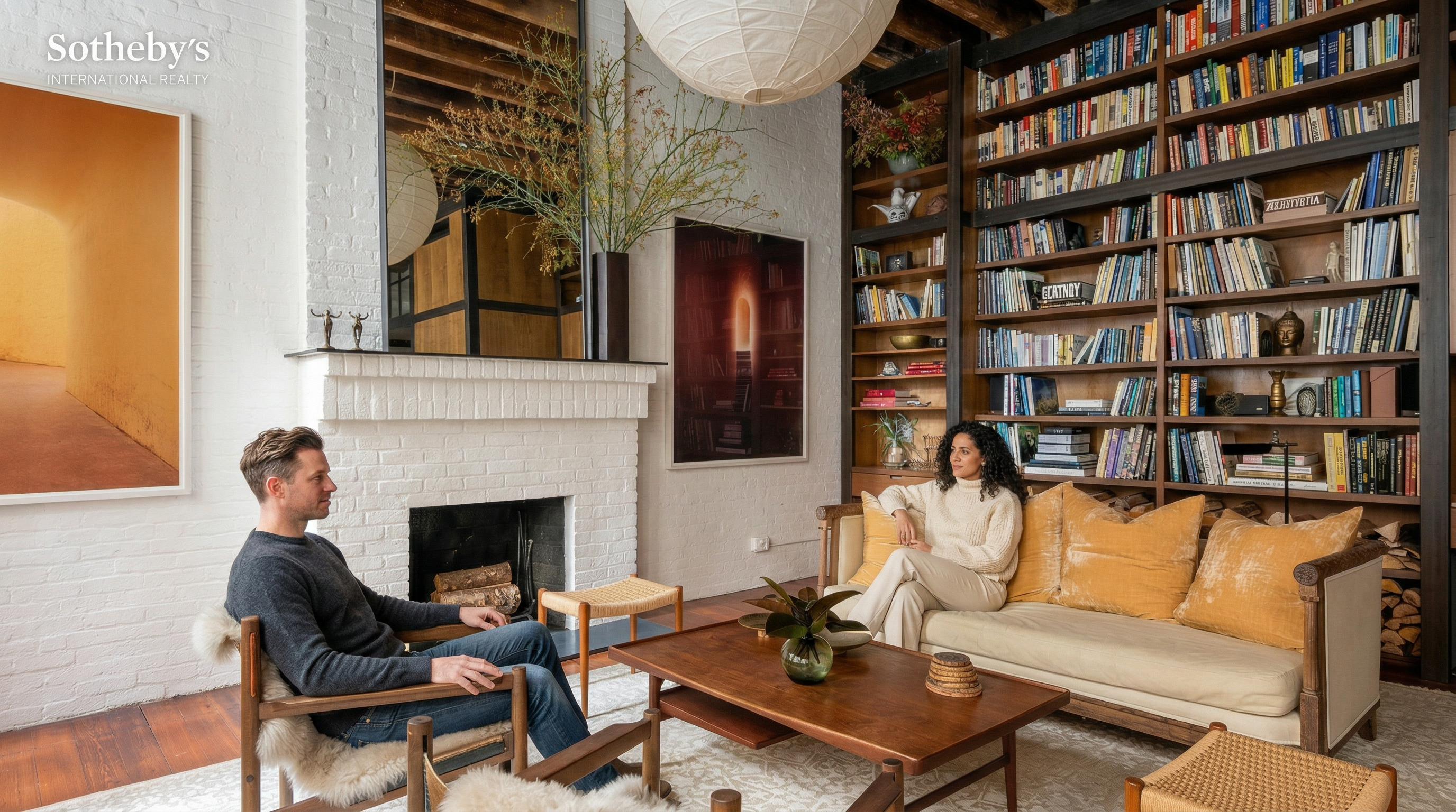 This sophisticated living room features a striking white-painted brick fireplace as a focal point, complemented by a large, floor-to-ceiling mirror and a massive paper lantern pendant light. A wall-to-wall wooden bookshelf filled with books adds warmth and character, while the seating area is anchored by a plush sofa with ochre pillows and mid-century modern armchairs draped in sheepskin. The room exudes a cozy, intellectual, and curated atmosphere, blending industrial elements like exposed ceiling beams with comfortable, textured furnishings.