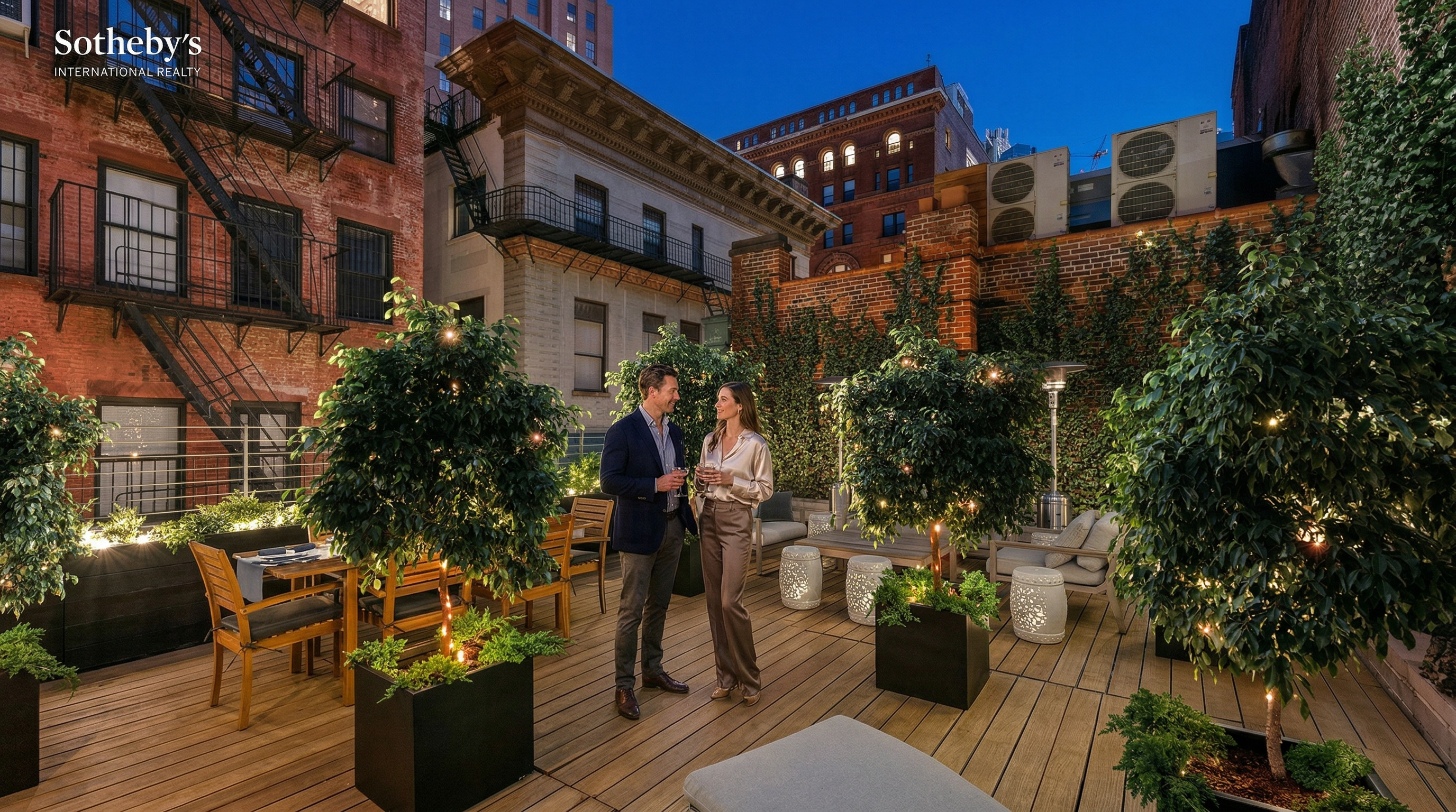 This sophisticated urban rooftop terrace features warm wooden decking, lush potted trees, and comfortable outdoor seating arrangements, creating an inviting oasis amidst the city skyline. The space is framed by classic brick architecture and fire escapes, offering a blend of industrial charm and refined relaxation. The perspective is a wide-angle shot that captures the entire terrace, emphasizing its potential as a private, high-end entertainment area.