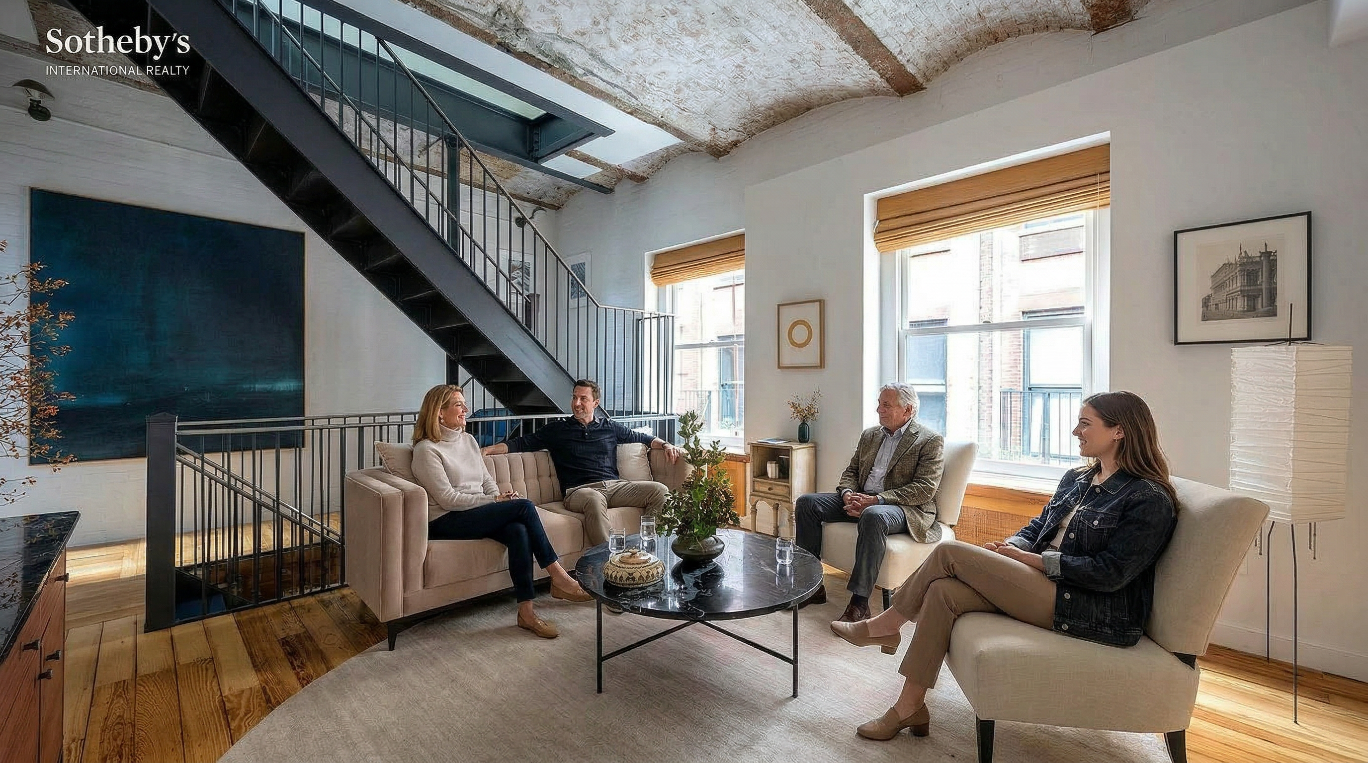 This sophisticated living room features a striking industrial aesthetic, highlighted by a vaulted brick ceiling and a dramatic black metal staircase. The space is furnished with a plush, light-toned sofa and two matching armchairs arranged around a sleek, circular black marble coffee table. Large windows with wooden blinds allow natural light to fill the room, creating an airy and elegant atmosphere that blends historic architectural charm with modern comfort.