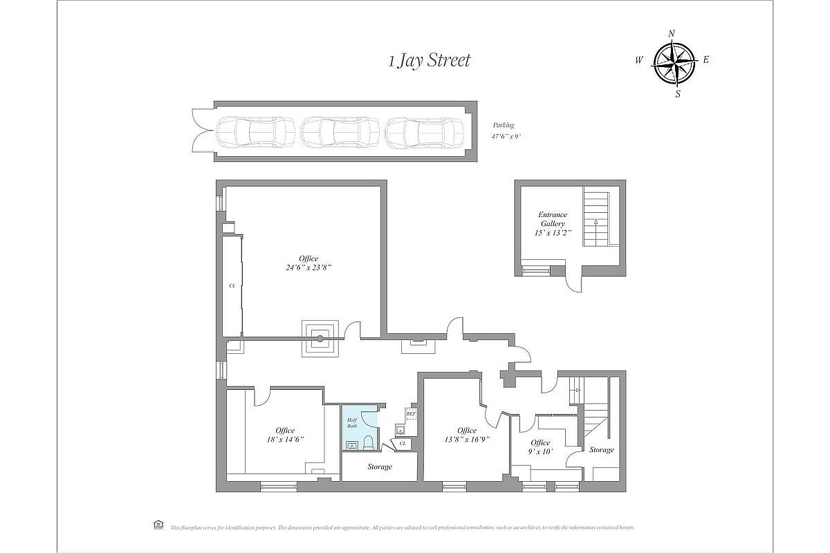This image is a detailed 2D architectural floor plan for a property located at 1 Jay Street. It illustrates the layout of multiple office spaces, an entrance gallery, storage areas, a half bath, and a dedicated parking area. The top-down perspective provides a clear overview of the spatial arrangement and flow of the commercial or residential unit.
