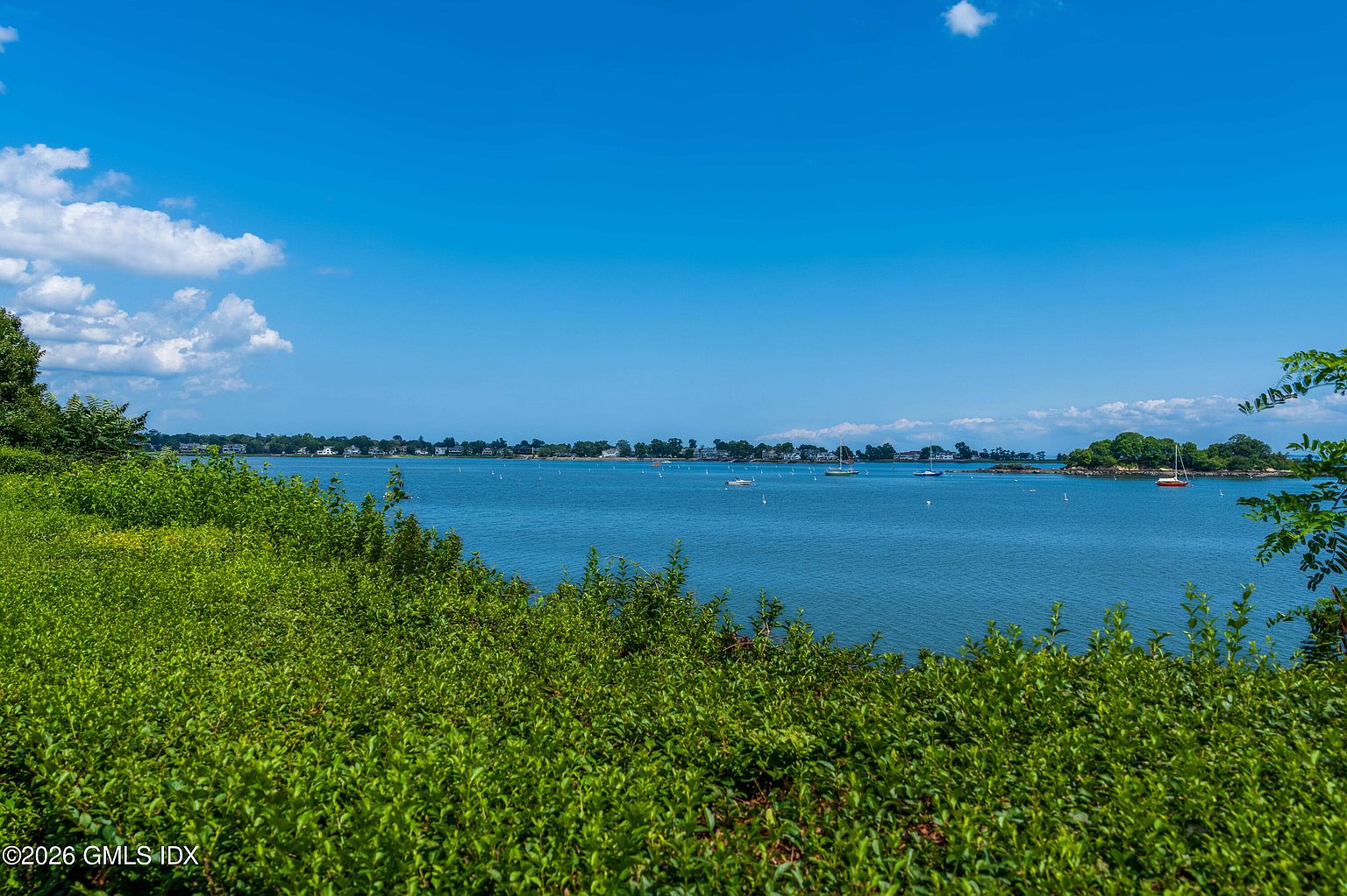 This scenic view captures a lush, green foreground of dense foliage overlooking a calm, expansive body of water. In the distance, a shoreline dotted with houses and trees stretches across the horizon under a bright, clear blue sky with scattered clouds. Several small boats are anchored in the water, creating a peaceful and serene coastal atmosphere.