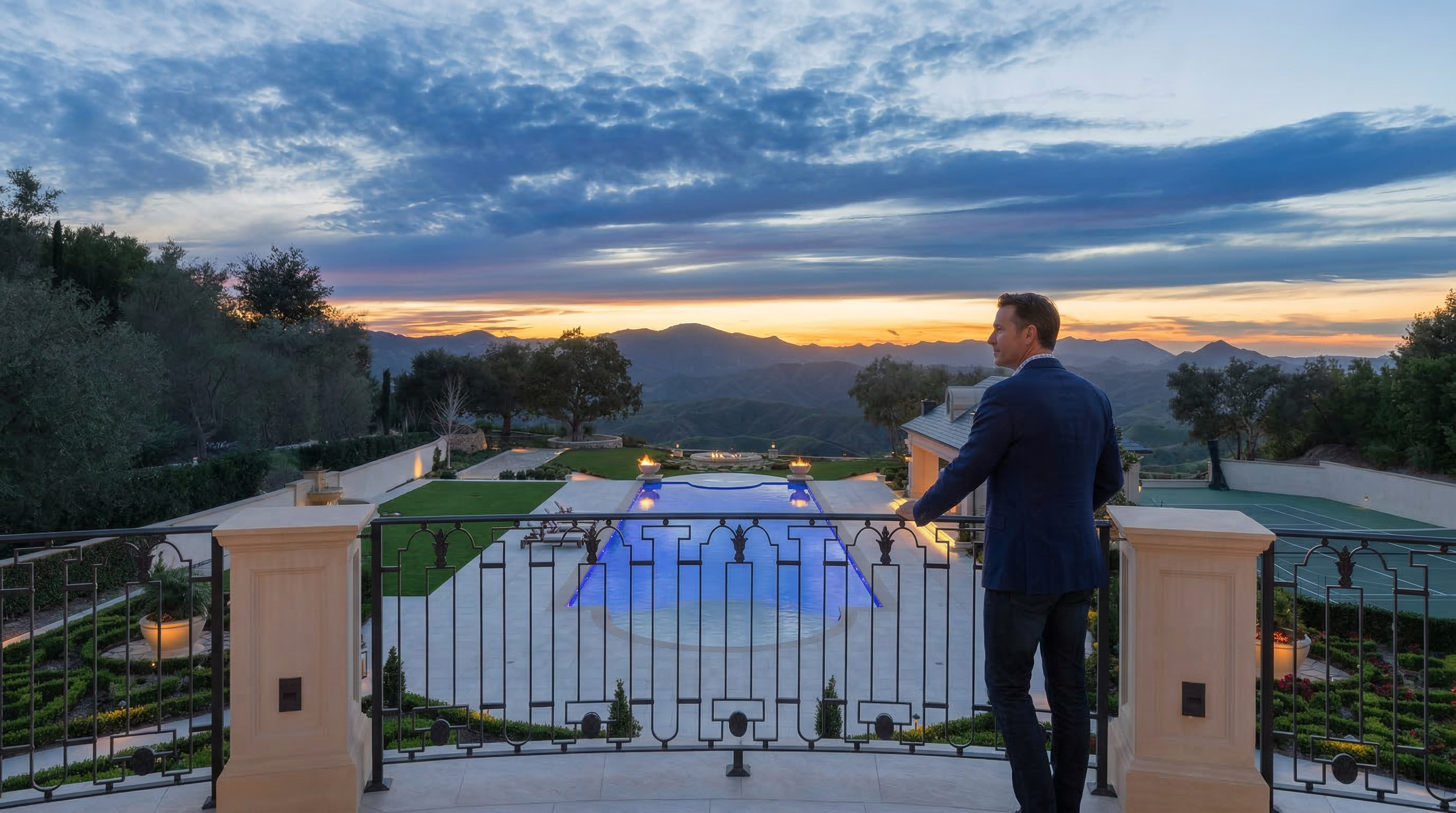 This stunning view from a luxury balcony overlooks a meticulously landscaped backyard featuring an illuminated swimming pool and a private tennis court. A person stands in the foreground, taking in the panoramic sunset over the distant rolling hills and mountains. The scene emphasizes high-end outdoor living space and serene, upscale scenery perfect for entertaining.