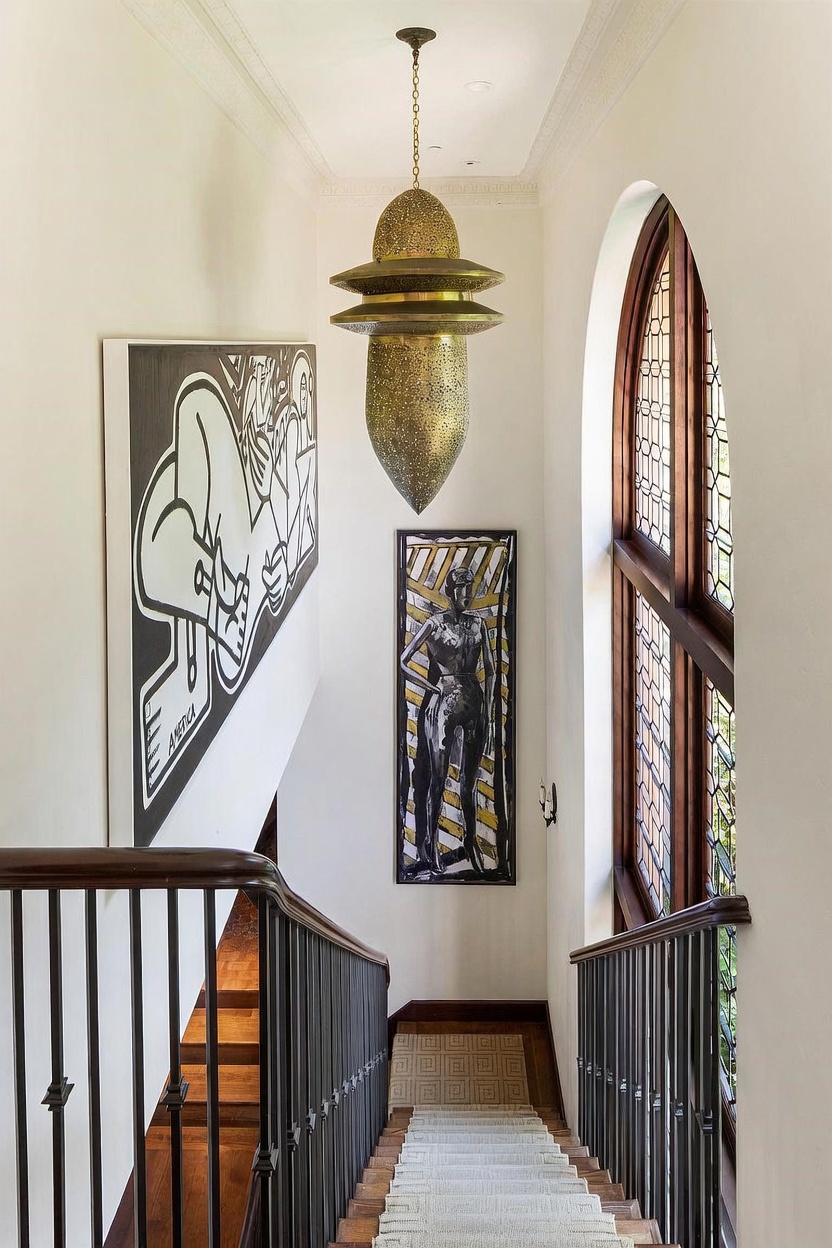 This elegant staircase features a dark wood handrail with black metal balusters and a light-colored runner. The space is adorned with two large, bold art pieces and a striking, ornate brass pendant light hanging from the ceiling. A tall, arched window with a grid pattern allows natural light to filter into the stairwell, creating a sophisticated and artistic atmosphere.