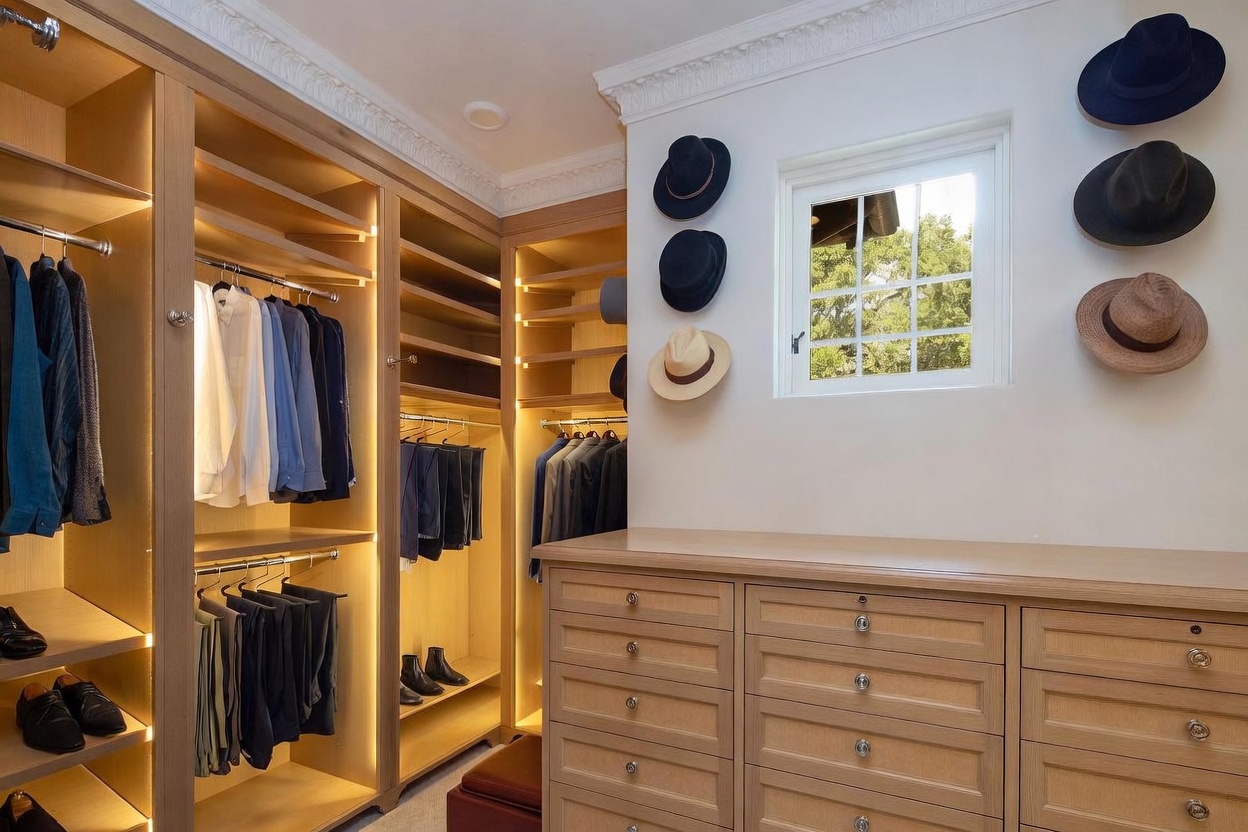 This organized walk-in closet features custom light wood cabinetry with integrated LED lighting, providing a warm and sophisticated atmosphere. The space includes a combination of hanging rods, open shelving, and a large dresser unit with multiple drawers, complemented by wall-mounted hat storage. A window allows natural light to brighten the room, highlighting the clean lines and functional design of this high-end storage area.