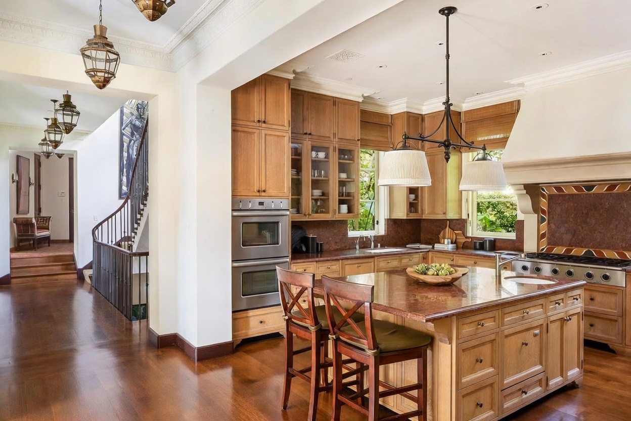 This spacious kitchen features light wood cabinetry, a large central island with a stone countertop, and a professional-grade range set against a decorative stone backsplash. The room is illuminated by dual pendant lights over the island and recessed lighting, creating a warm and inviting atmosphere. A wide opening leads to a hallway with a curved staircase, showcasing an open-concept layout that flows seamlessly into the rest of the home.