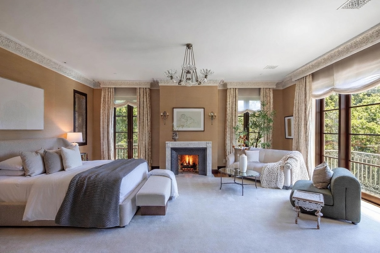 This elegant primary bedroom features a neutral color palette with textured wall coverings and crown molding. The room is anchored by a large bed with a plush headboard, a central fireplace with a stone surround, and a cozy seating area near tall windows that offer views of the surrounding trees. The space is illuminated by a decorative chandelier and soft natural light, creating a sophisticated and tranquil atmosphere.