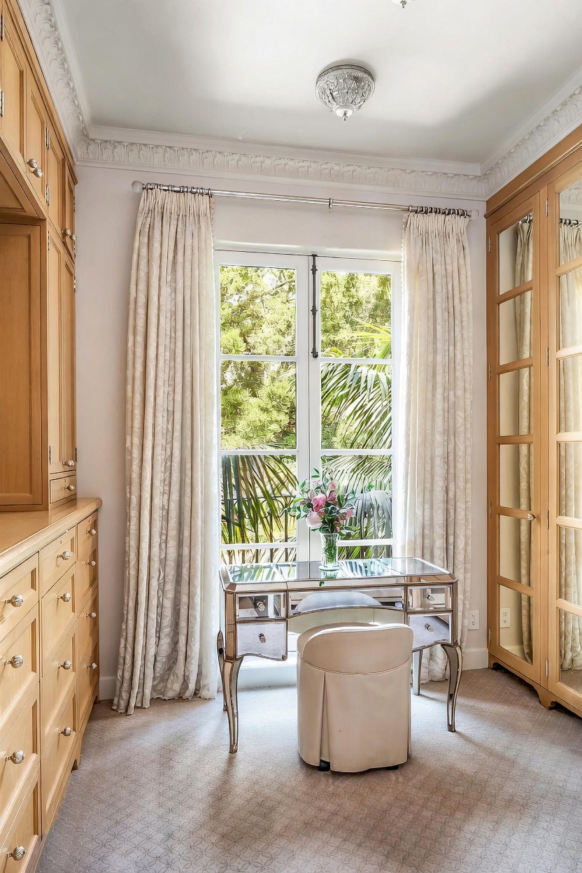 This elegant walk-in closet features custom light wood cabinetry and built-in storage units flanking a central vanity area. A mirrored desk sits beneath a pair of tall windows draped in soft, patterned curtains, providing a bright and sophisticated space for dressing. The room is finished with neutral carpeting and a decorative ceiling light fixture, creating a refined and organized atmosphere.