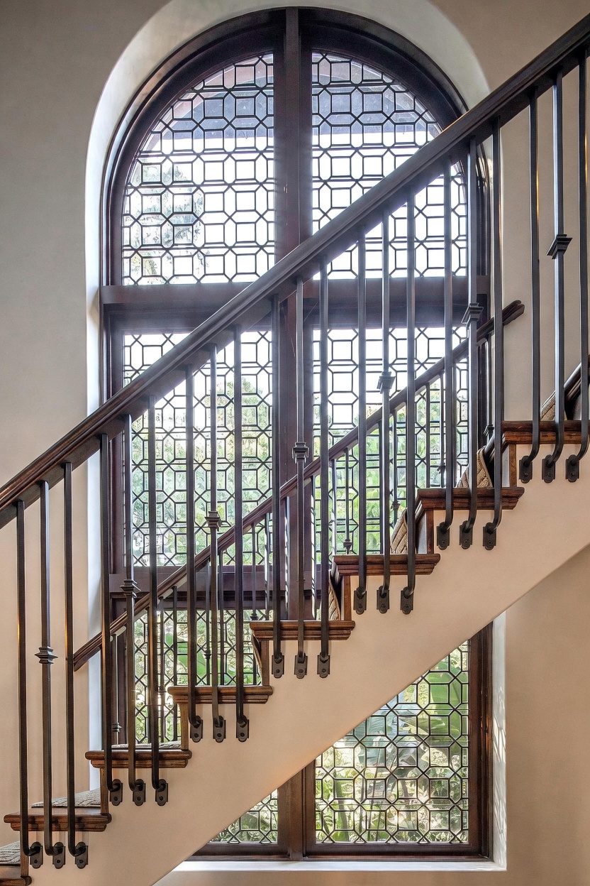 This image captures a staircase featuring dark wood treads and a decorative metal railing with intricate geometric patterns. A large, arched window with a matching grid design serves as a dramatic backdrop, allowing natural light to filter through. The perspective is angled to highlight the architectural detail of the staircase structure and the elegant, classic design of the window.