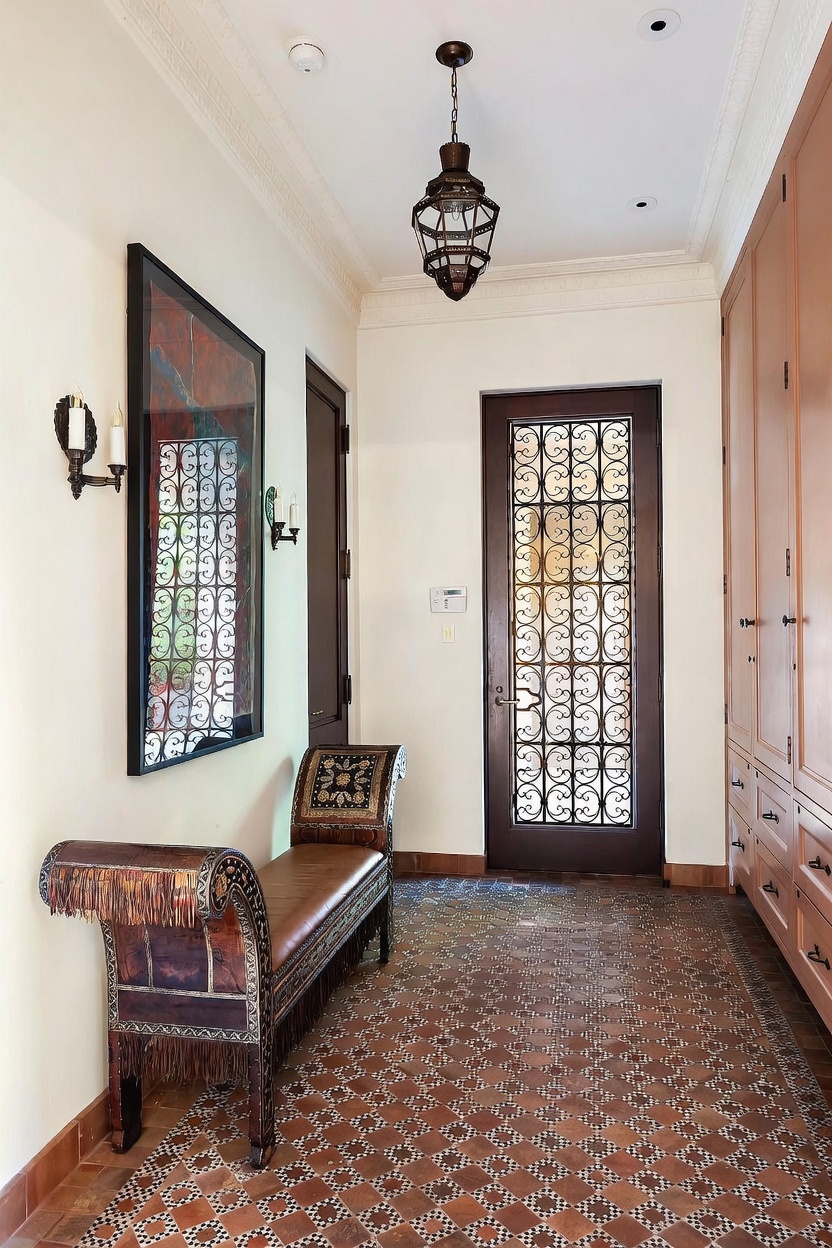 This elegant entryway features a distinctive patterned tile floor and a decorative iron-grille door that allows light to filter through. To the left, an ornate, upholstered bench sits beneath a large framed artwork and wall-mounted sconces, while a wall of built-in cabinetry provides ample storage on the right. The space is illuminated by a classic hanging lantern, creating a sophisticated and welcoming atmosphere.