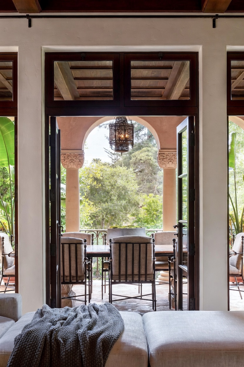 This view from a comfortable living area looks through large glass doors onto a covered outdoor dining patio. The patio features an elegant arched structure with decorative columns and a hanging lantern, creating a seamless transition between indoor and outdoor living spaces. The scene is framed by lush greenery visible beyond the dining set, evoking a serene and sophisticated atmosphere.