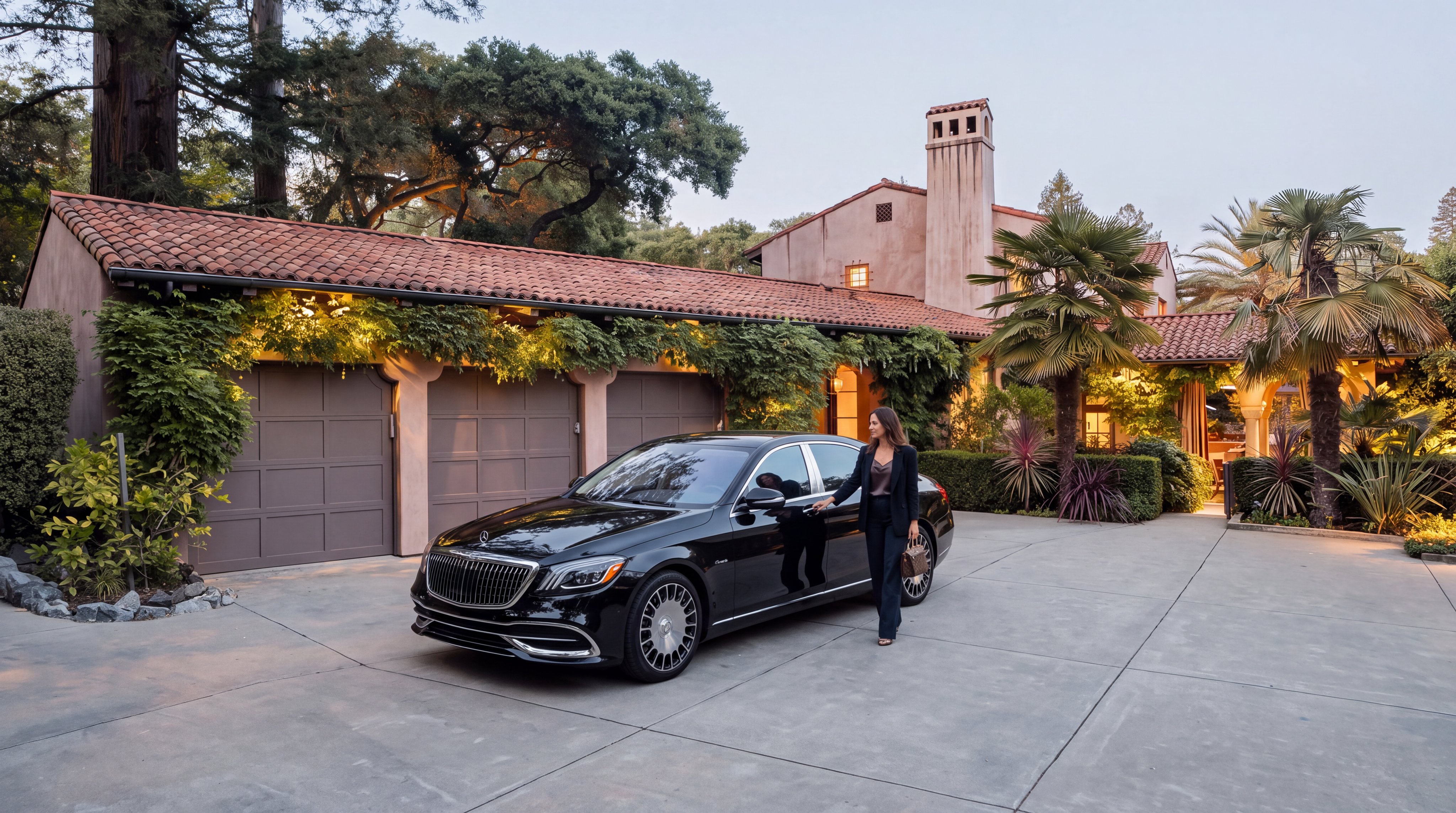 This Mediterranean-style home features a prominent three-car garage with paneled doors, adorned with lush climbing vines that soften the facade. The exterior is finished in a warm, earthy stucco, complemented by a classic red-tiled roof and a tall, prominent chimney. A spacious concrete driveway leads to the entrance, framed by mature palm trees and manicured landscaping, creating an inviting and elegant curb appeal.
