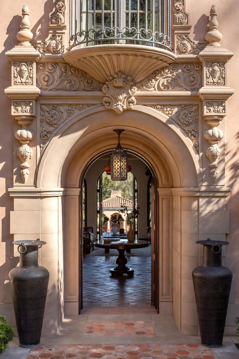 This grand entryway features an ornate, arched stone doorway with intricate carved detailing and a decorative shell motif above the opening. Flanking the entrance are two large, dark metal urns, while a hanging lantern illuminates the transition into the home's interior. The perspective looks through the arched threshold into a sunlit courtyard, showcasing a seamless blend of classical architectural elegance and inviting outdoor space.