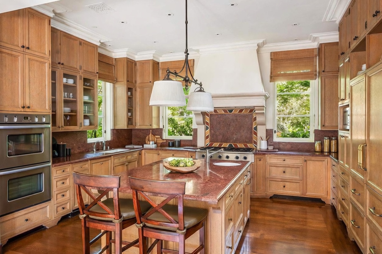 This spacious kitchen features warm-toned wood cabinetry and a large central island topped with a deep red stone surface. A professional-style range is set against a decorative tiled backsplash, complemented by a custom-built hood and dual pendant lighting. The room is brightened by large windows that provide views of the surrounding greenery, creating a classic and inviting atmosphere.