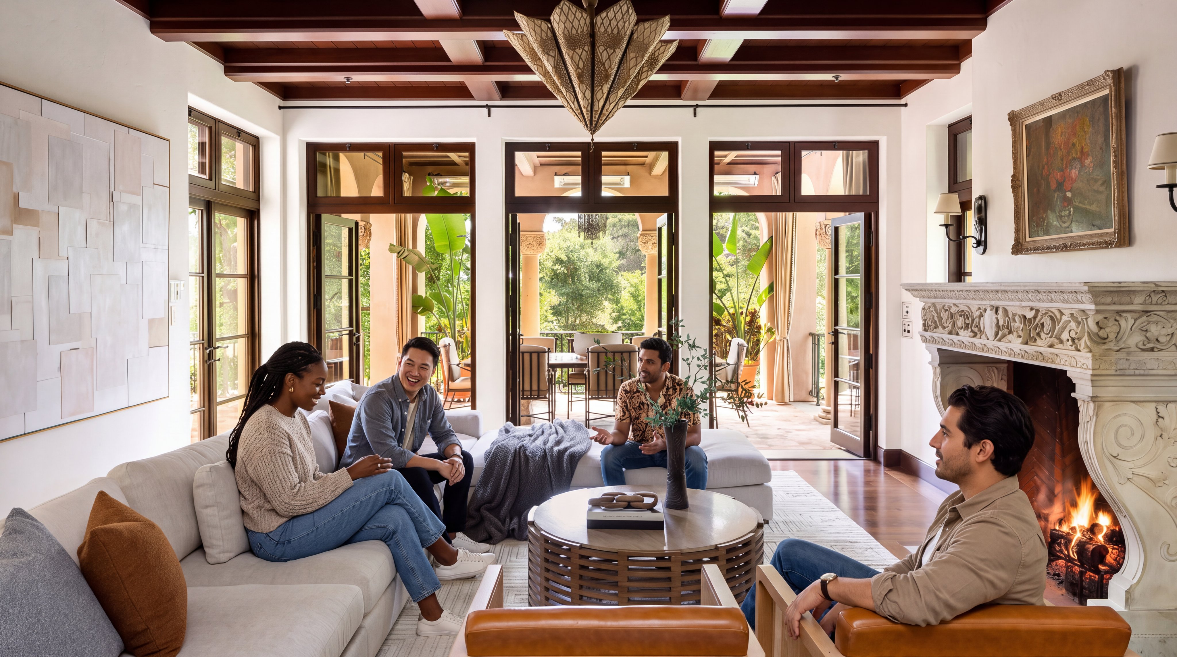 This elegant living room features a coffered wood-beam ceiling and a large, ornate stone fireplace that serves as a focal point. A spacious light-colored sectional sofa and two leather-accented armchairs are arranged around a circular wooden coffee table, creating a comfortable seating area. Large glass doors open onto a covered patio, seamlessly blending the indoor space with the outdoor dining area and lush greenery beyond.