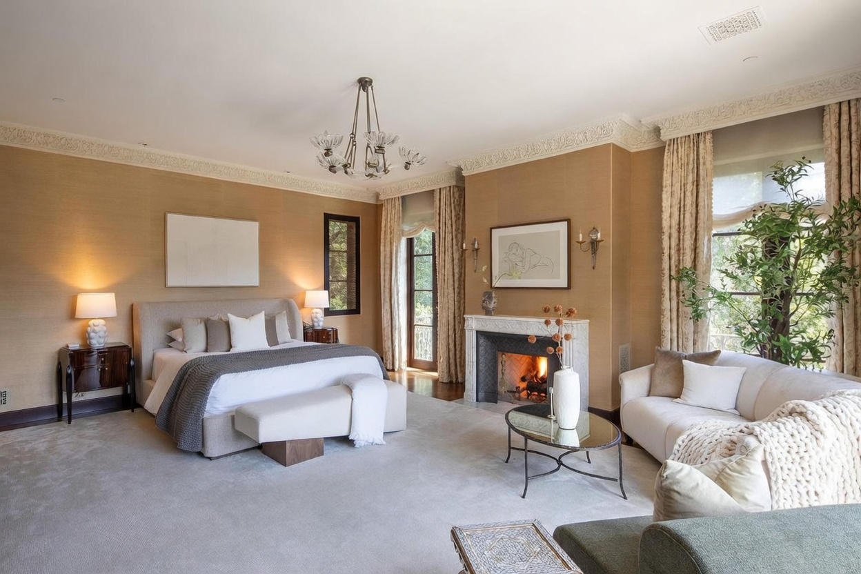 This spacious primary bedroom features a neutral color palette with textured wall coverings and a large, plush bed centered against the wall. A stone fireplace with a mantel serves as a focal point, complemented by a cozy seating area with a sofa and a glass-topped coffee table. Large windows draped in elegant curtains allow natural light to fill the room, creating a sophisticated and tranquil atmosphere.