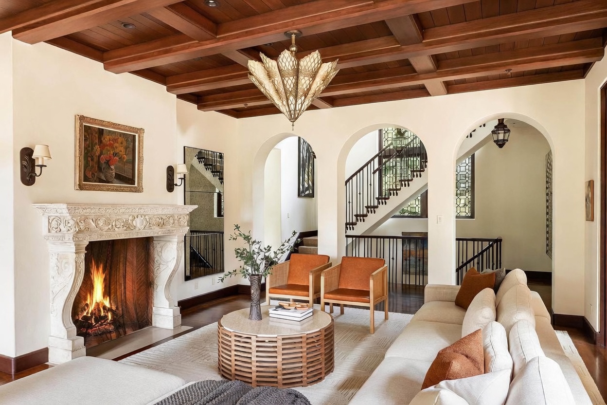 This elegant living room features a coffered wood-paneled ceiling and a prominent stone fireplace with an ornate carved surround. The space is furnished with a light-toned sofa and two leather armchairs arranged around a circular, slatted-base coffee table. Arched openings in the background reveal a staircase with decorative iron railings, creating a sophisticated and open architectural flow.