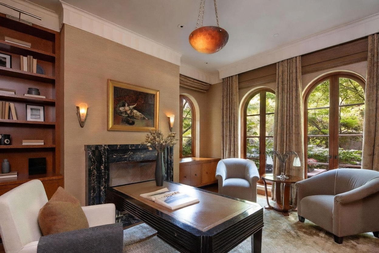This sophisticated home office features a dark stone fireplace surround topped with a framed painting, flanked by built-in wooden bookshelves. A large, dark-finished desk sits in the center of the room, complemented by two plush armchairs and a small side table near the arched windows. The space is bathed in warm light from a decorative pendant fixture and wall sconces, creating an elegant and studious atmosphere.