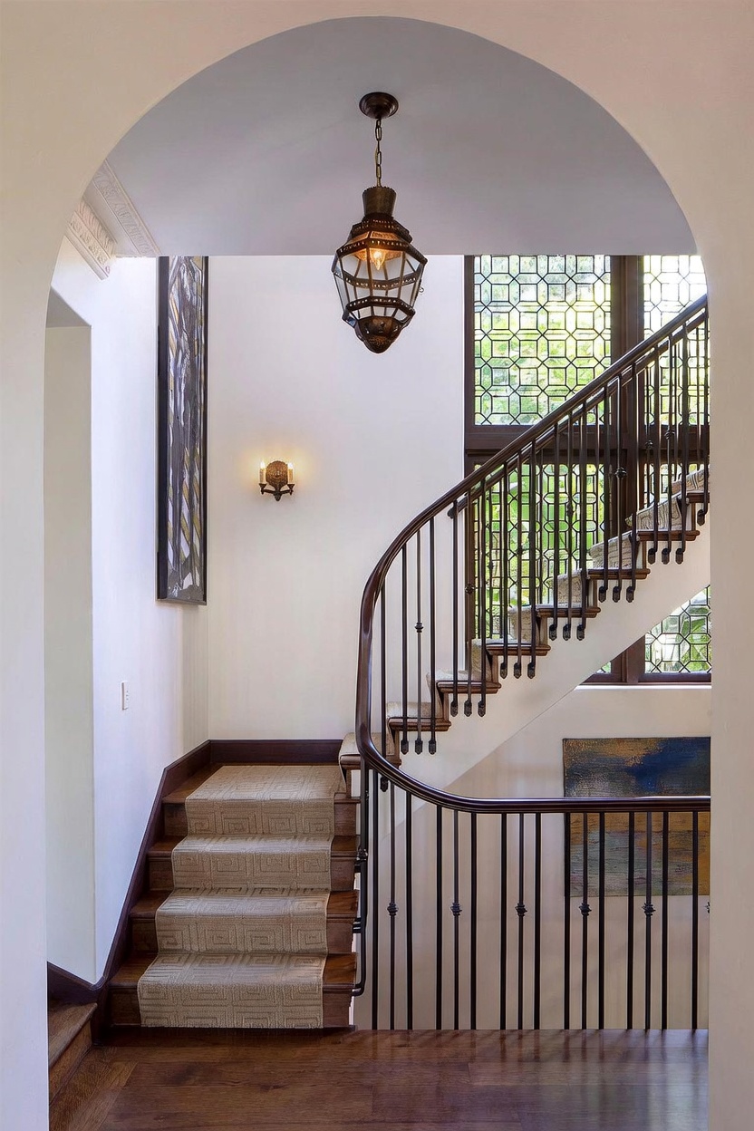 This elegant entryway features a grand curved staircase with dark wood railings and iron balusters, accented by a patterned runner. A large, ornate pendant light hangs from the arched ceiling, casting a warm glow over the space, while tall, leaded-glass windows provide natural light. The architectural design creates a sophisticated and welcoming atmosphere, framed by a prominent archway.