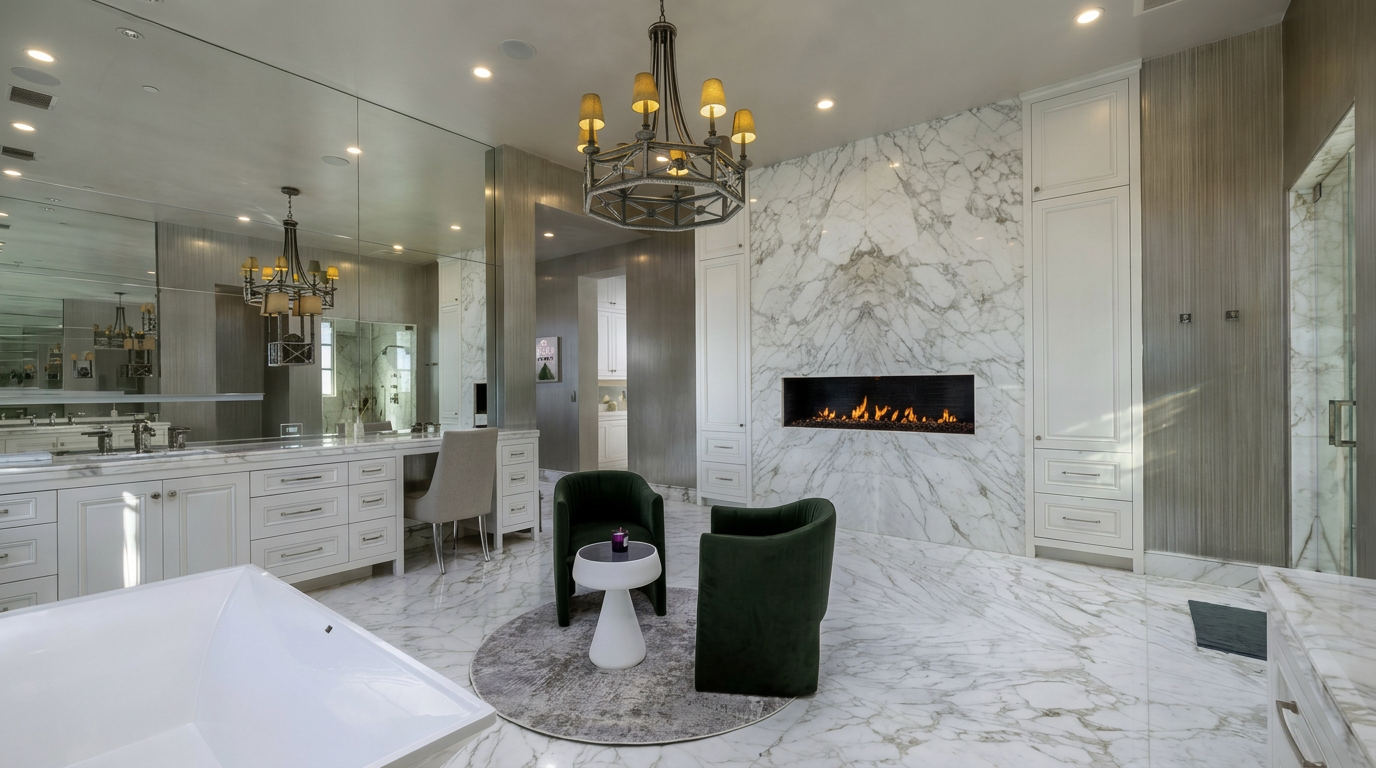 This luxurious primary bathroom features extensive stone surfaces, including a large-format tiled floor and a prominent stone-clad chimney breast surrounding a linear fireplace. The space is anchored by a central seating area with two dark velvet armchairs on a circular rug, complemented by a double vanity with a makeup station and a large soaking tub. A grand chandelier hangs from the ceiling, reflecting in the expansive wall-to-wall mirror that enhances the sense of scale and opulence.