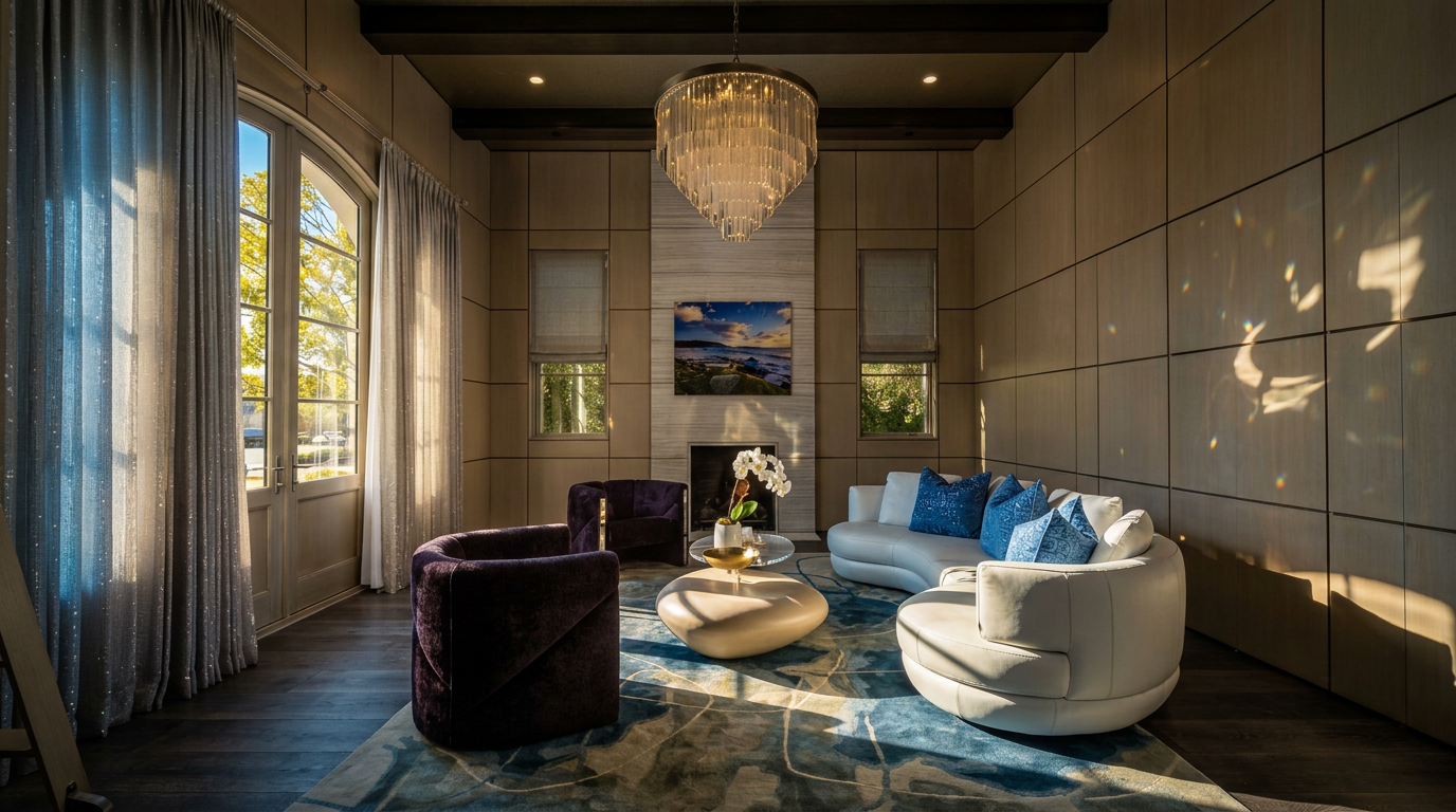 This sophisticated living room features a curved white sofa and two dark velvet armchairs arranged around a central coffee table on a large, abstract-patterned area rug. The room is defined by paneled walls in a light wood finish and a tall, stone-clad chimney breast housing a fireplace. A grand crystal chandelier hangs from the ceiling, which is accented by dark wood beams, while tall windows draped in elegant curtains allow natural light to fill the space.