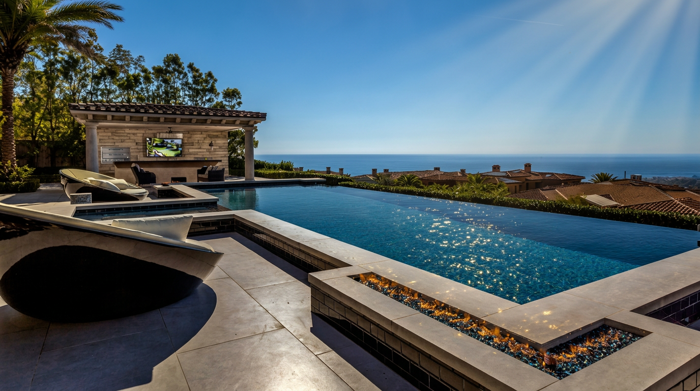 This luxurious outdoor space features a sleek infinity-edge pool that seamlessly blends with the distant ocean horizon. A covered pavilion with a stone-clad wall and integrated television provides a shaded lounge area, while a linear fire feature adds warmth to the poolside deck. The scene is captured from a low, cinematic angle that emphasizes the expansive view and the sophisticated, resort-style design of the patio.