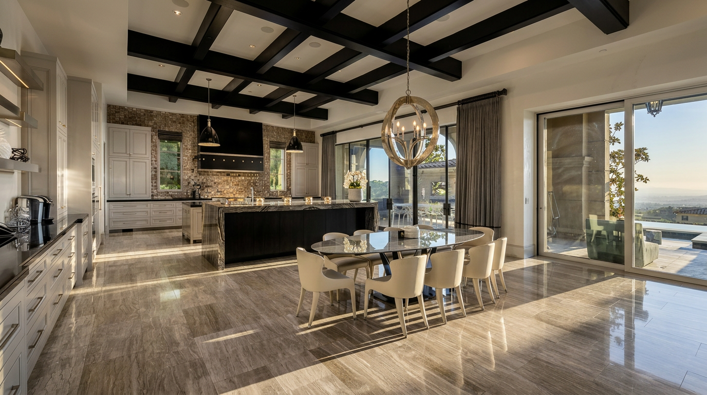 This expansive, high-end kitchen features a large central island with a dark stone countertop and integrated seating, complemented by light-toned cabinetry and a striking coffered ceiling with dark beams. A dining area with an oval table and modern chairs sits adjacent to the kitchen, while large sliding glass doors provide a seamless transition to an outdoor patio with scenic views. The space is illuminated by elegant pendant lighting and a central chandelier, creating a sophisticated and open atmosphere.