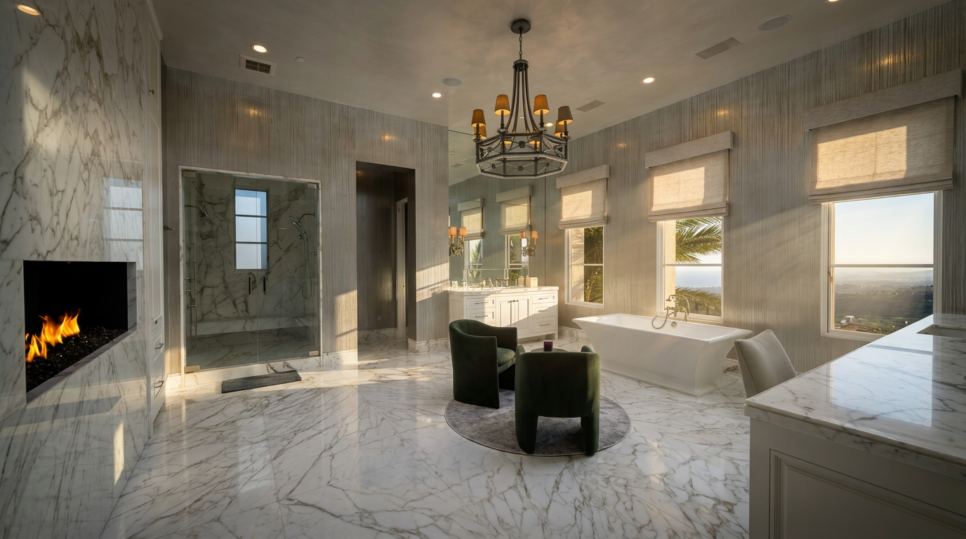 This expansive primary bathroom features a central seating area with two dark velvet chairs placed on a circular rug, surrounded by polished stone flooring. A freestanding soaking tub sits near large windows offering a scenic view, while a glass-enclosed shower stall with stone walls is positioned to the left. A tall, stone-clad fireplace surround adds a dramatic focal point, complemented by a decorative chandelier hanging from the high ceiling.