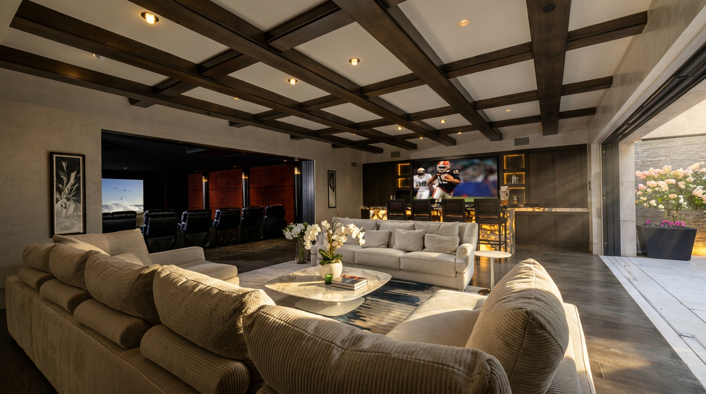 This expansive, open-concept living area features a coffered ceiling with dark wood beams and a large, plush sectional sofa facing a bar area with a wall-mounted television. To the left, a wide opening reveals a dedicated home theater room with tiered seating, while the right side features large glass doors that slide open to an outdoor space. The room is finished with dark wood flooring and a neutral color palette, creating a sophisticated and entertainment-focused atmosphere.