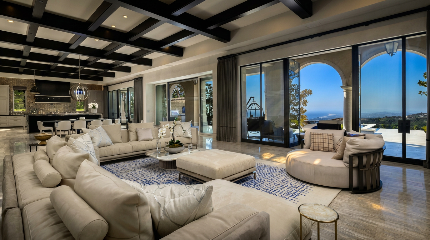 This expansive, open-concept living room features a coffered ceiling with dark beams and large glass sliding doors that provide panoramic views of the coast. The space is furnished with plush, light-toned seating arranged around a central ottoman and a patterned area rug, creating a sophisticated and airy atmosphere. In the background, a kitchen area with a long island and bar seating completes the seamless, high-end living space.