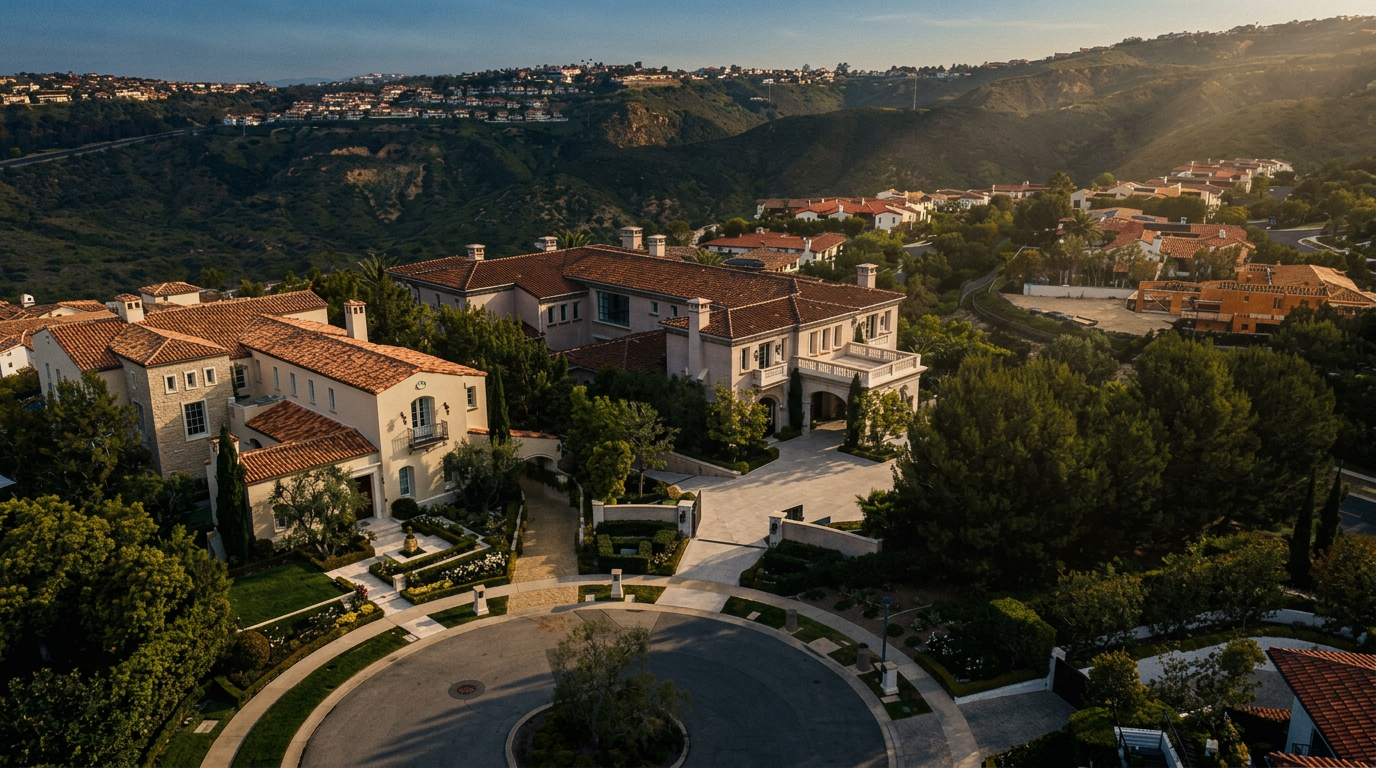 This high-angle aerial perspective captures a sprawling Mediterranean-style estate situated at the end of a quiet cul-de-sac. The property features a multi-winged residence with terracotta-tiled roofs, light-toned stucco walls, and an expansive paved motor court. Surrounded by lush landscaping and rolling hills, the home offers a sense of privacy and luxury in a scenic, elevated setting.