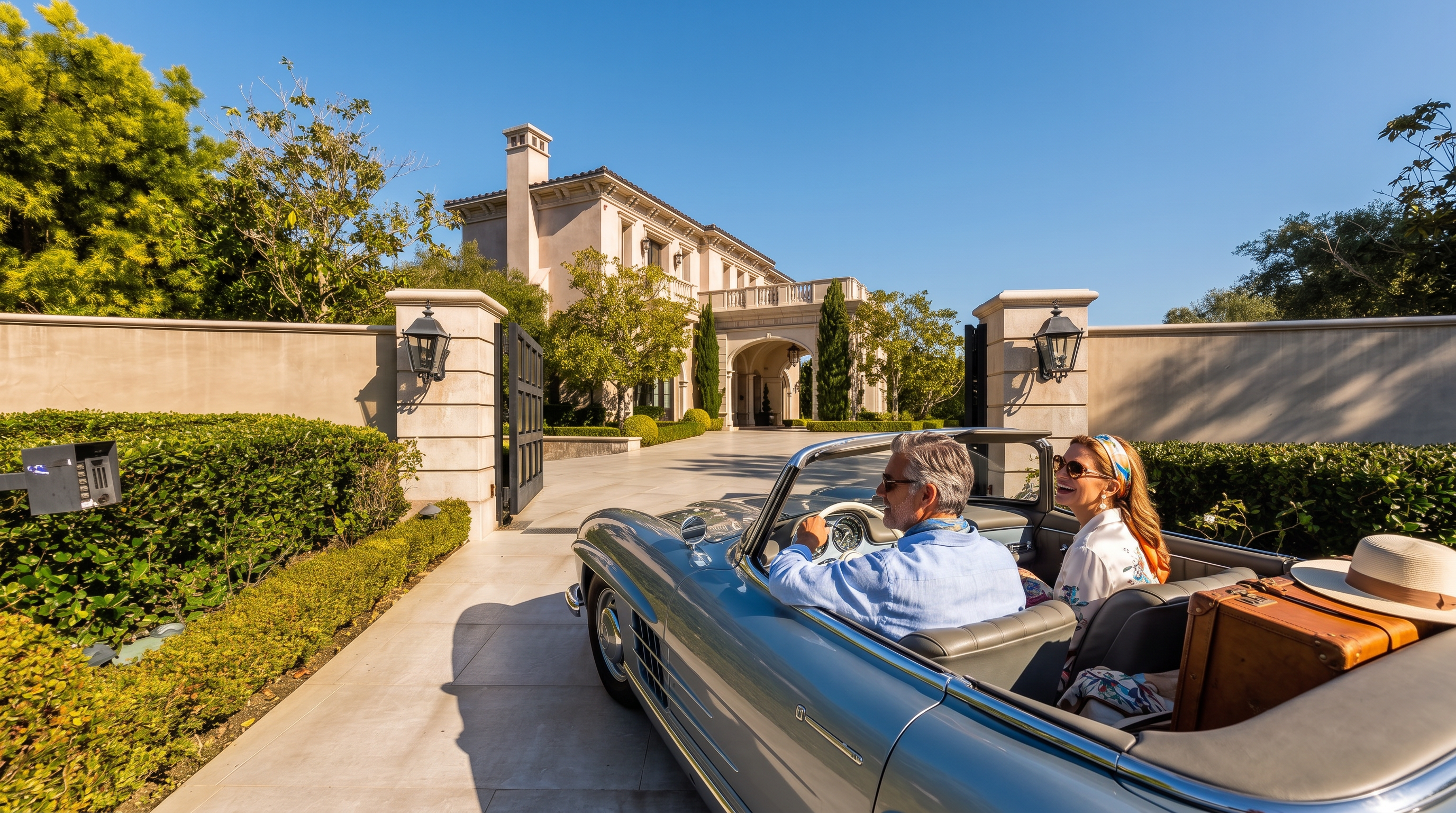 This grand estate is viewed from the perspective of the gated entrance, looking down a long, paved driveway toward the main residence. The Mediterranean-style home features a light-colored stucco facade, a prominent arched entryway, and a balcony above the portico. Lush green hedges line the driveway, framed by stone pillars with decorative lanterns, creating an atmosphere of privacy and luxury.